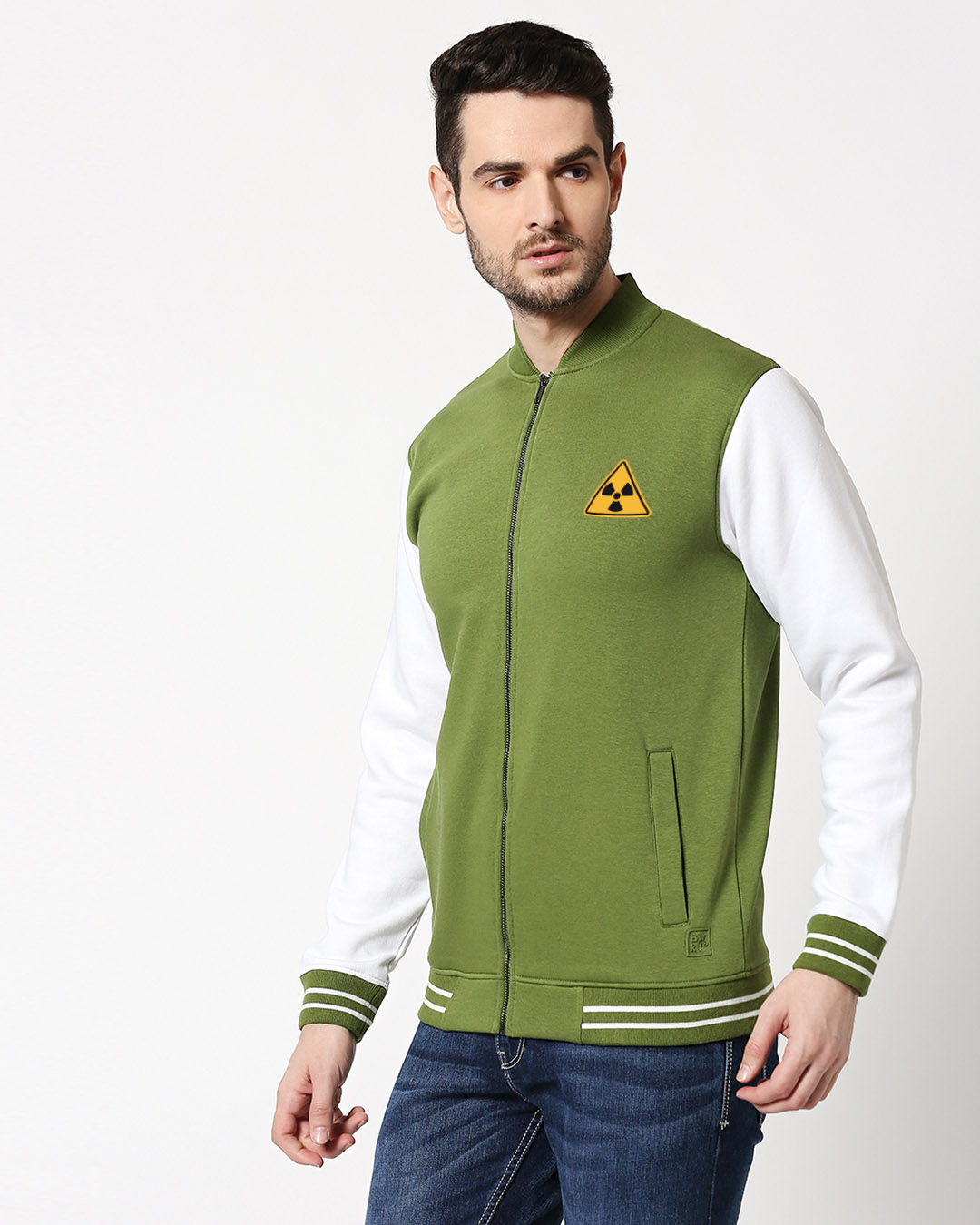 Shop Men's Green & White I am Danger Color Block Varsity Bomber Jacket-Back