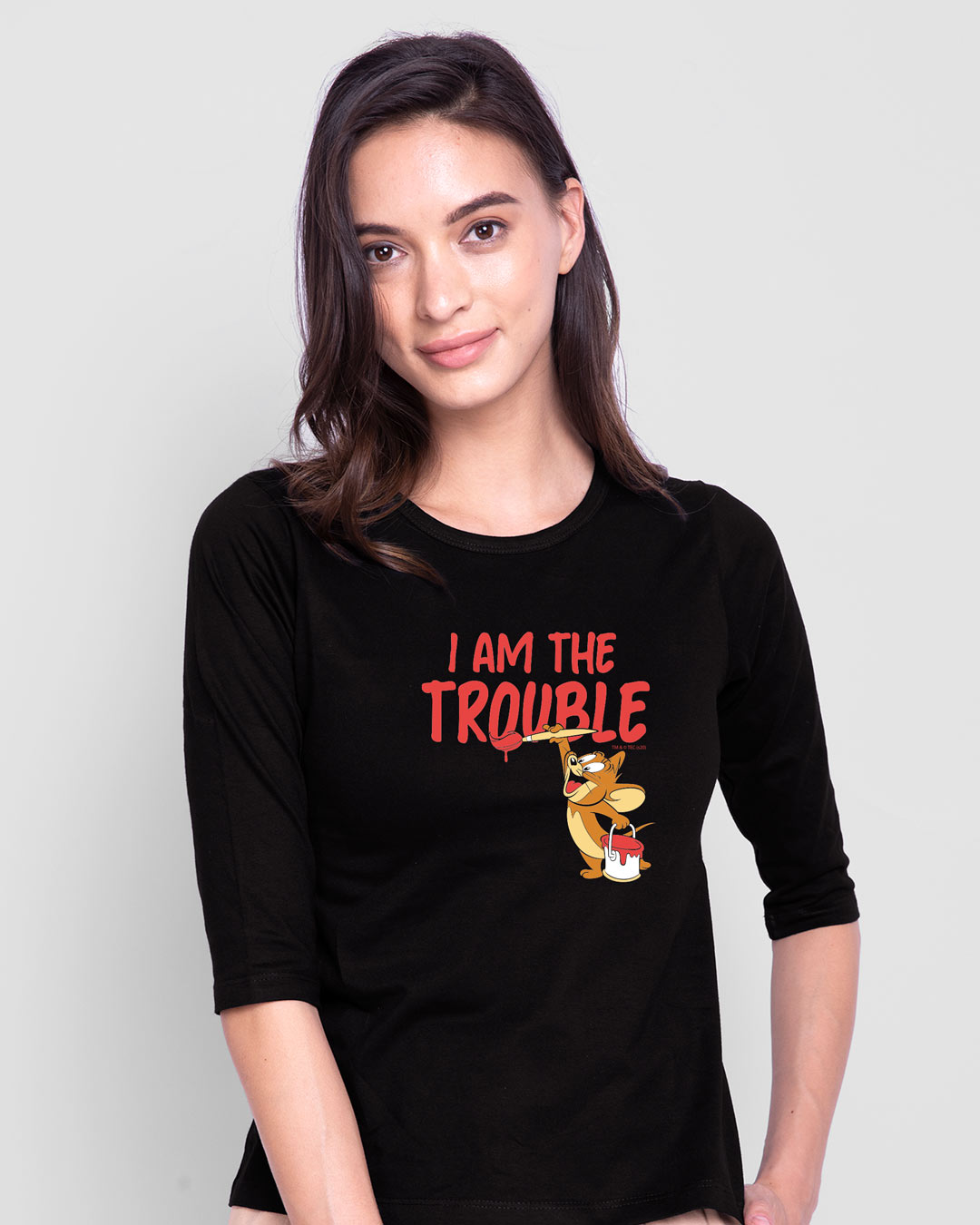 Shop I Am The Trouble Round Neck 3/4th Sleeve T-Shirt (TJL) Black-Back