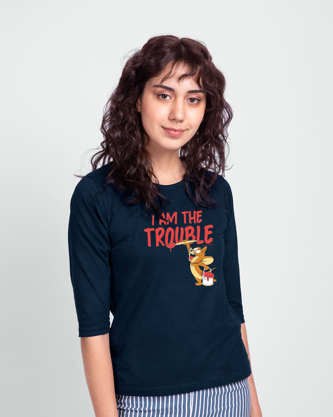 Shop I Am The Trouble Round Neck 3/4th Sleeve T-Shirt (TJL) Navy Blue-Back