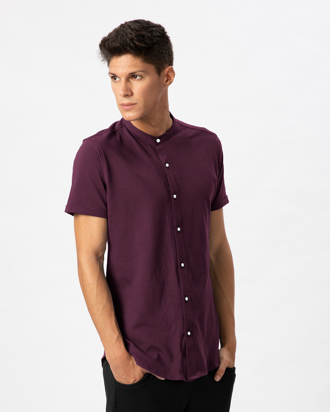 Shop Ibiza Purple Mandarin Collar Pique Shirt-Back