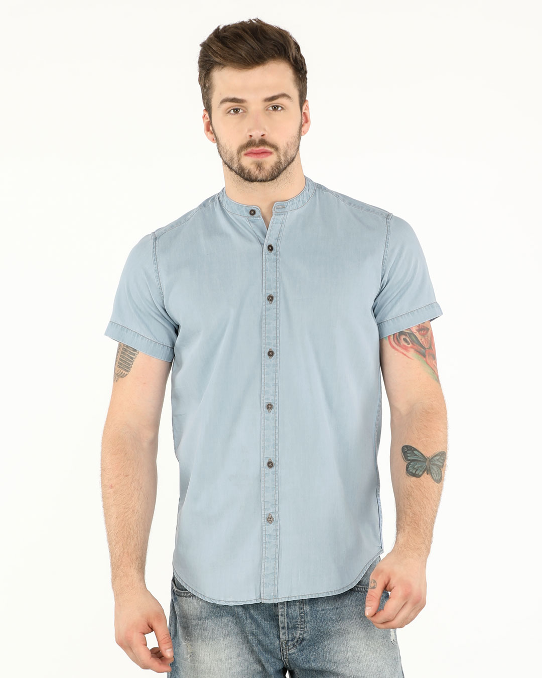 Shop Ice Blue Mandarin Collar Denim Half Sleeve Shirt-Back