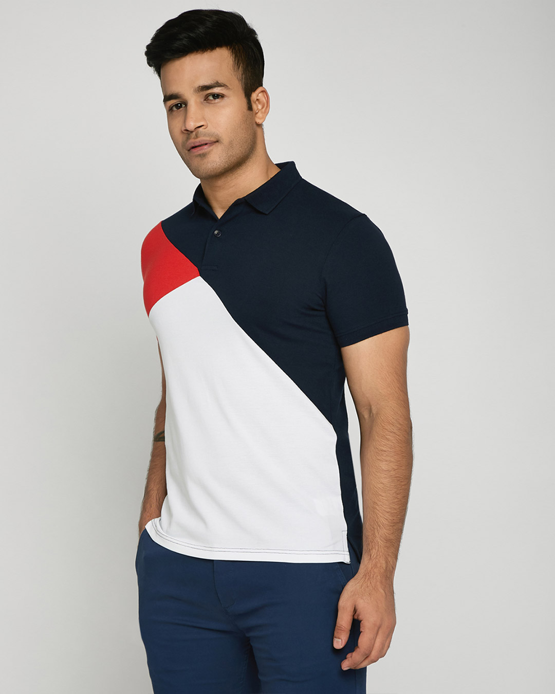 Shop Imperial Red-Dark Navy-White Asymmetric Polo T-Shirt-Back