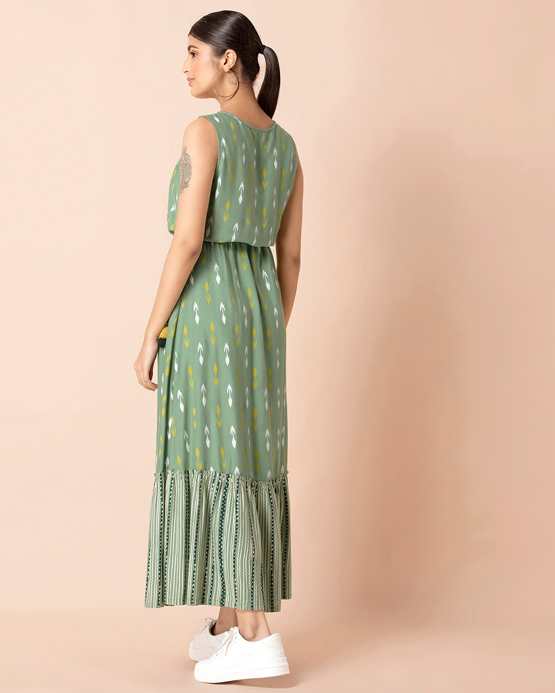Shop Women's Green Ikat Frilled Drawstring Sleeveless A-Line Tunic-Back