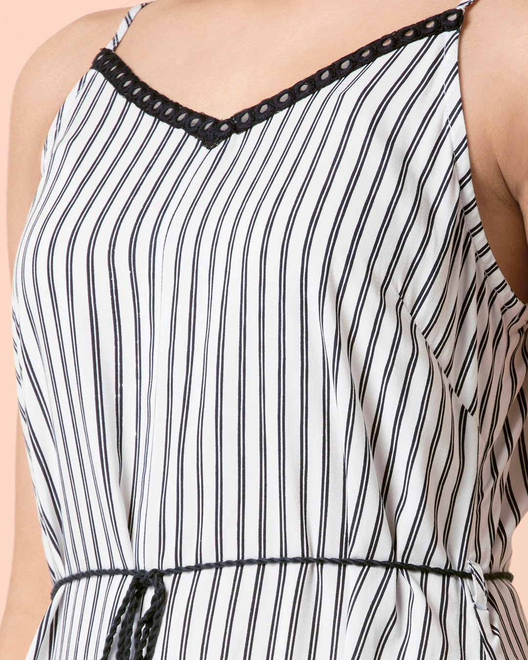 Shop Women's White Striped Belted Strappy High Low Dress-Back
