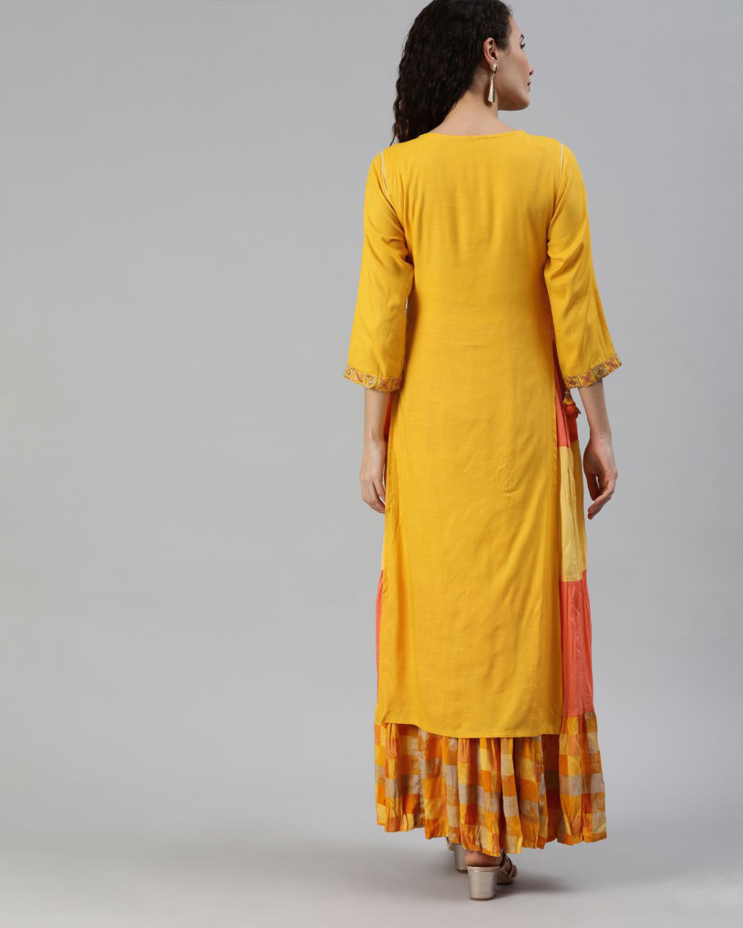 Shop Women's Rayon Yellow Embroidered Layered Kurta-Back