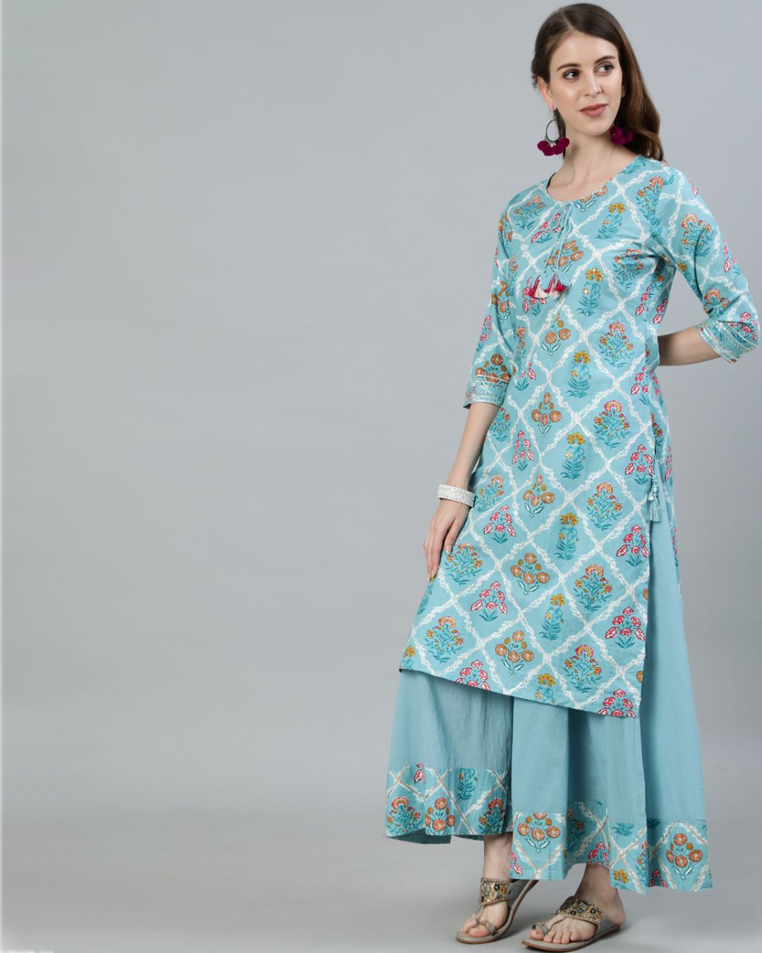 Buy Ishin Women's Blue Embroidered A-Line Kurta With Sharara & Dupatta ...
