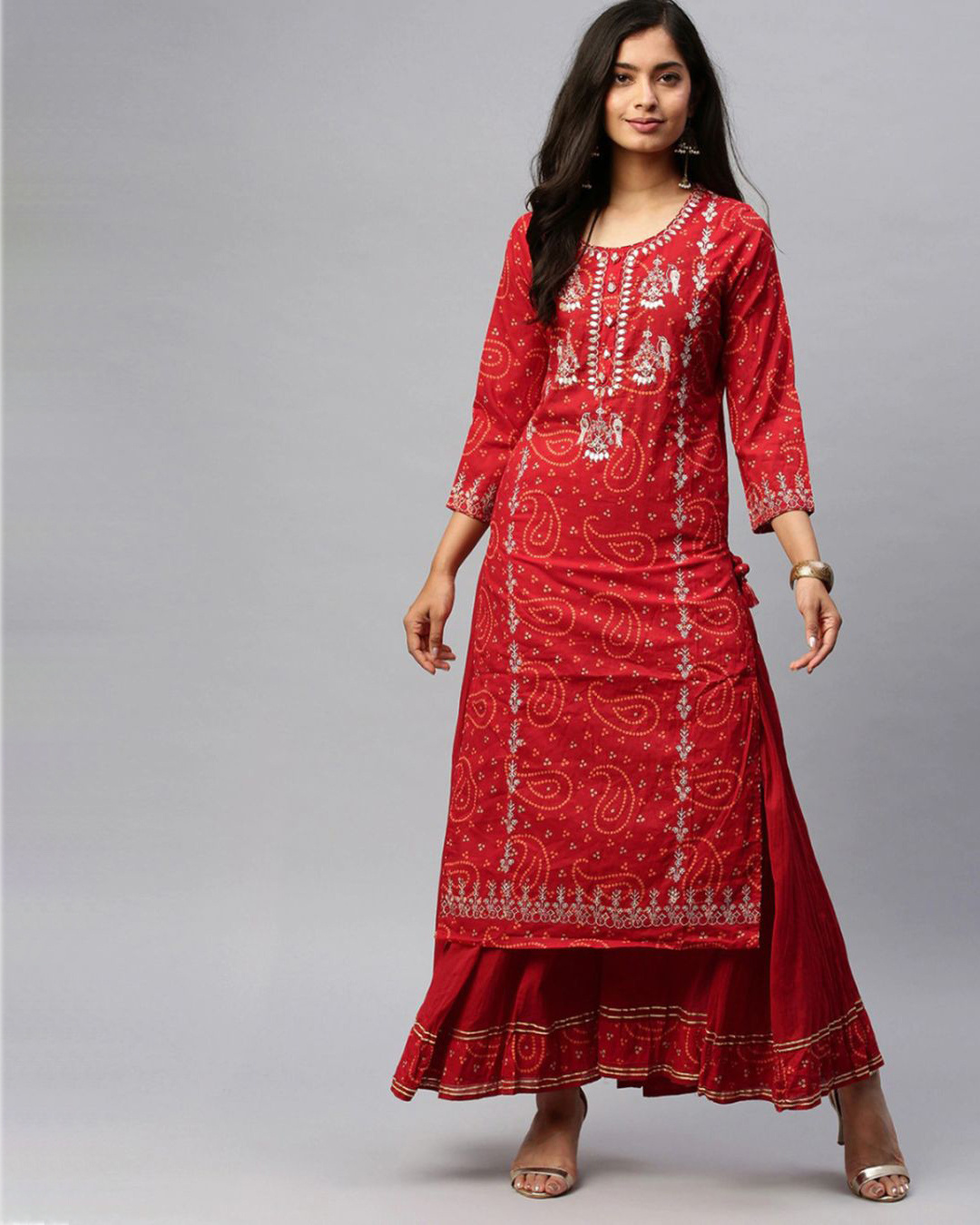 Buy Ishin Women's Cotton Red Bandhani Print Embellished Straight Kurta ...