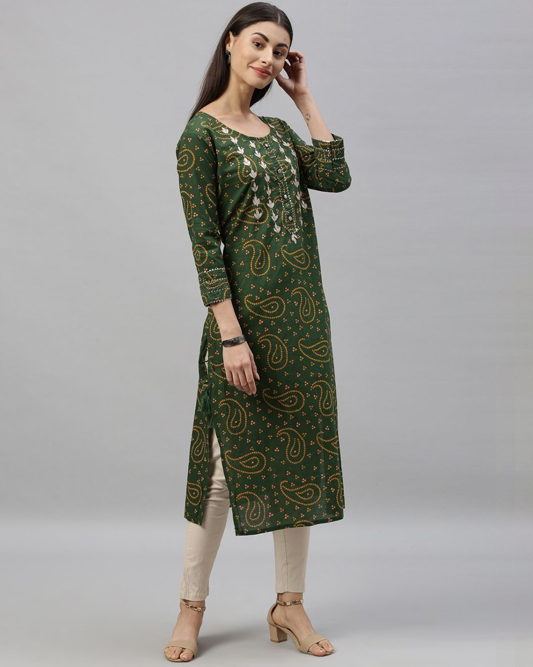 Buy Ishin Women's Green Yoke Design Bandhani A-Line Kurta for Women ...