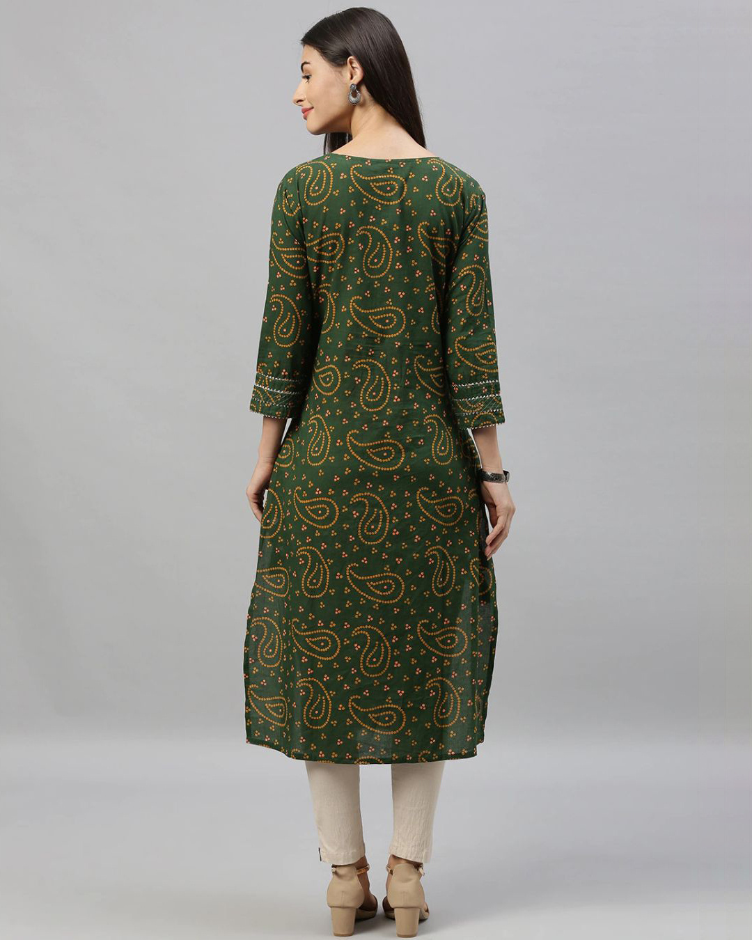 Shop Women's Green Yoke Design Bandhani A Line Kurta-Back