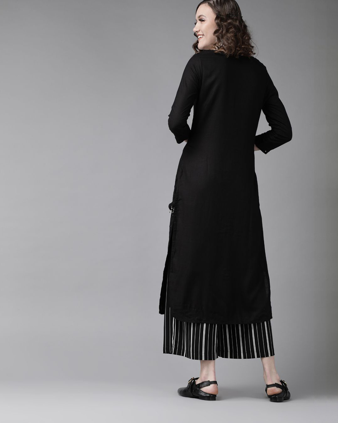 Shop Women's Rayon Black Embellished A Line Kurta-Back