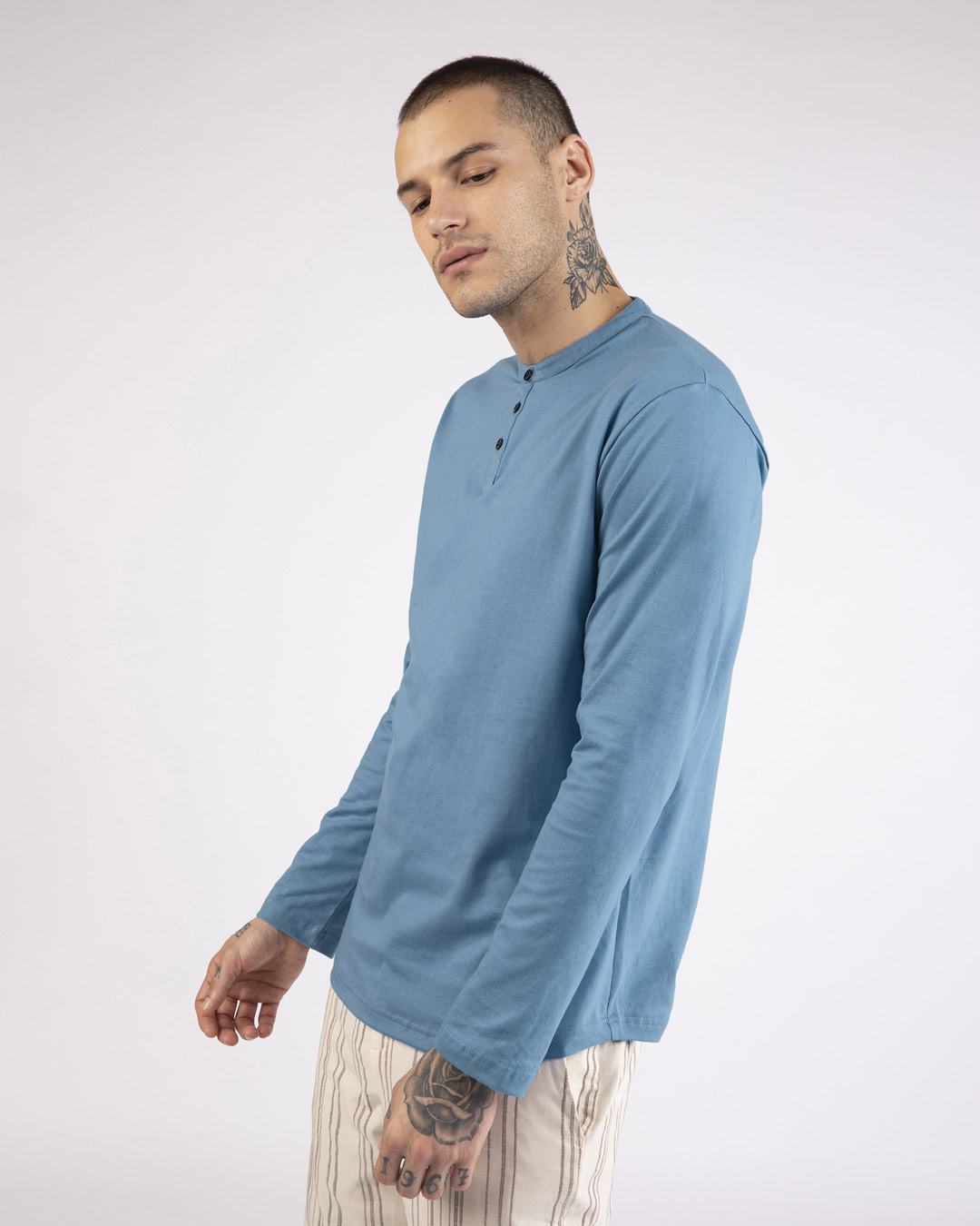 Shop Island Blue Full Sleeve Henley T-Shirt-Back