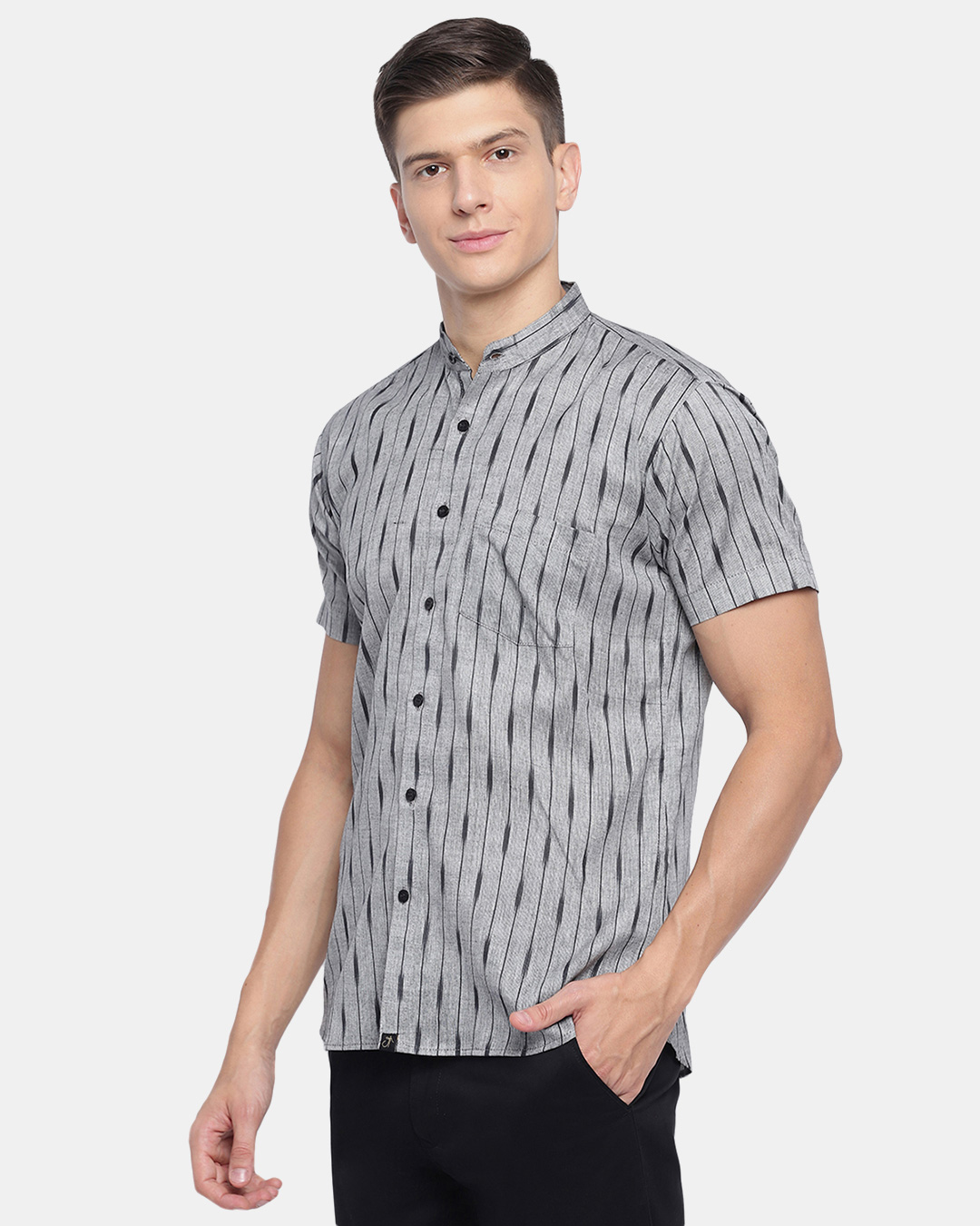 Shop Grey Stripes Handwoven Ikat Shirt-Back