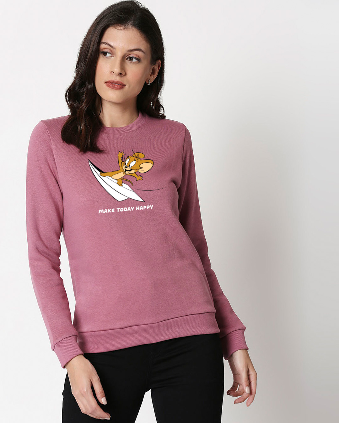 

Jerry Happy Today Fleece Sweater Women' Printed Fleece Sweater Bewakoof.com, Pink