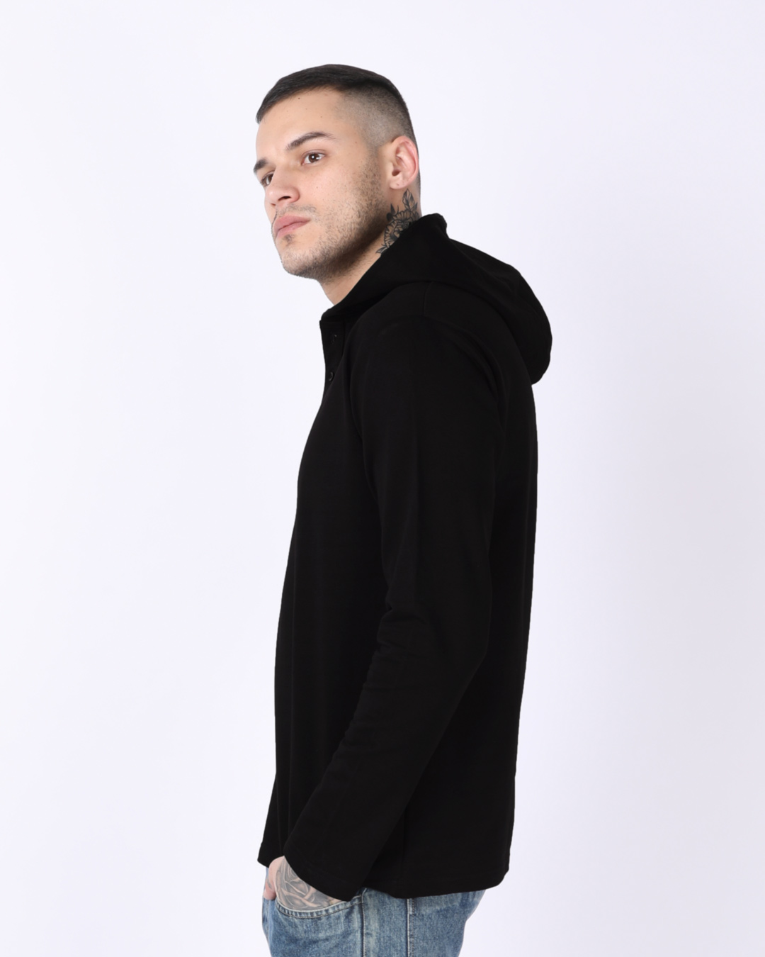 Shop Jet Black Henley Hoodies-Back