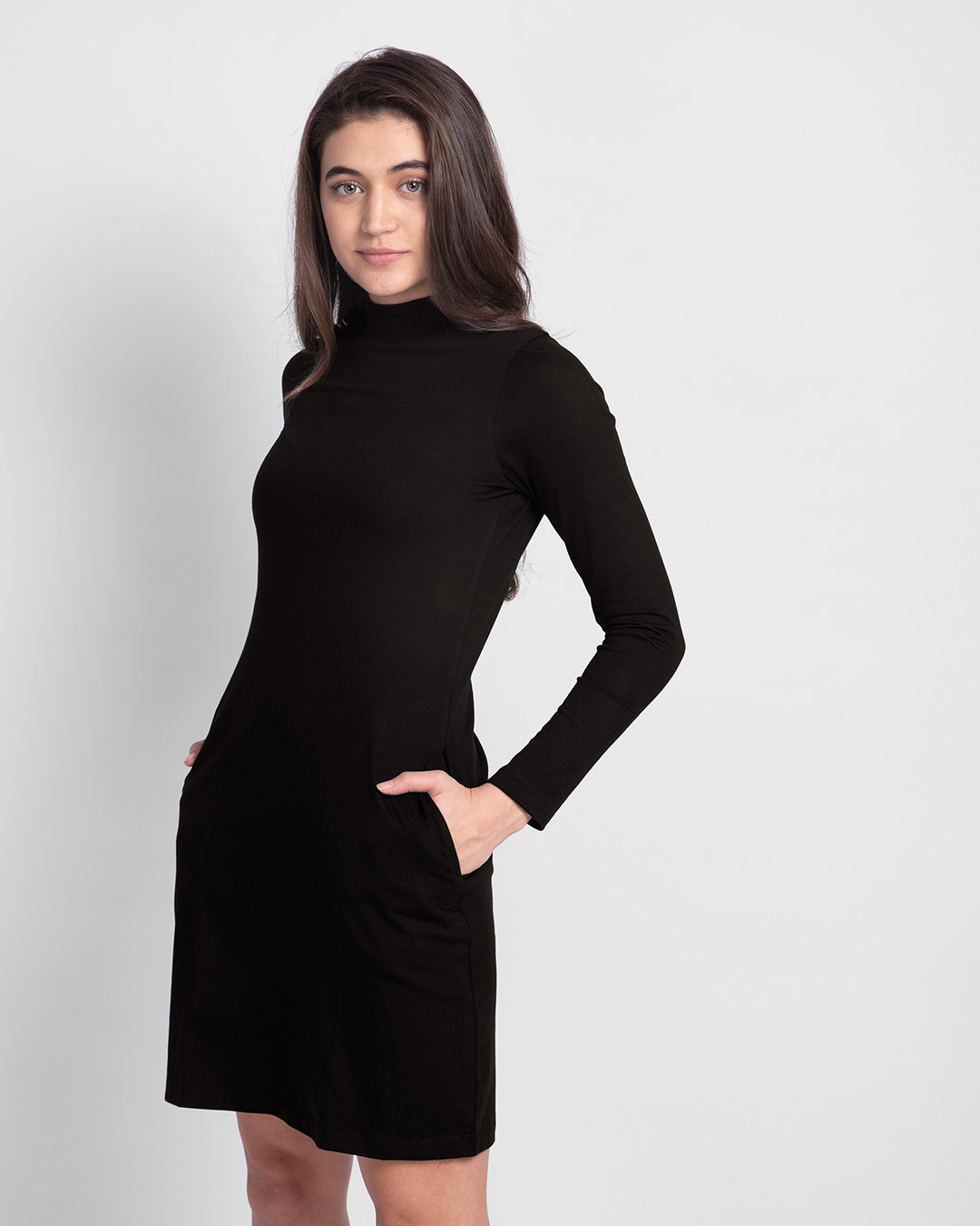 Buy BLACK KNITTED HIGH-NECK BODYCON DRESS for Women Online in India