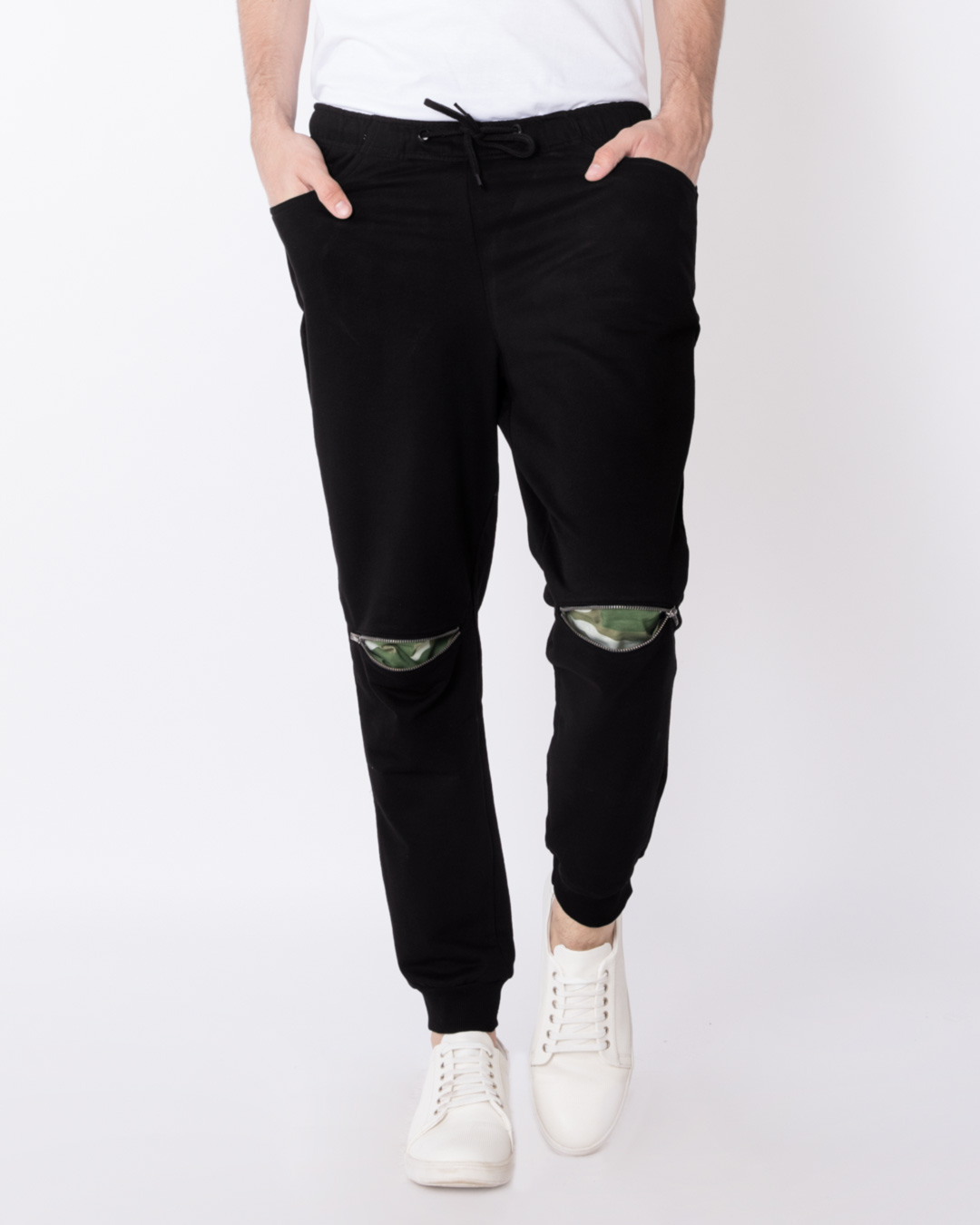 Buy Jet Black Knee Zipper Fleece Joggers Online at Bewakoof