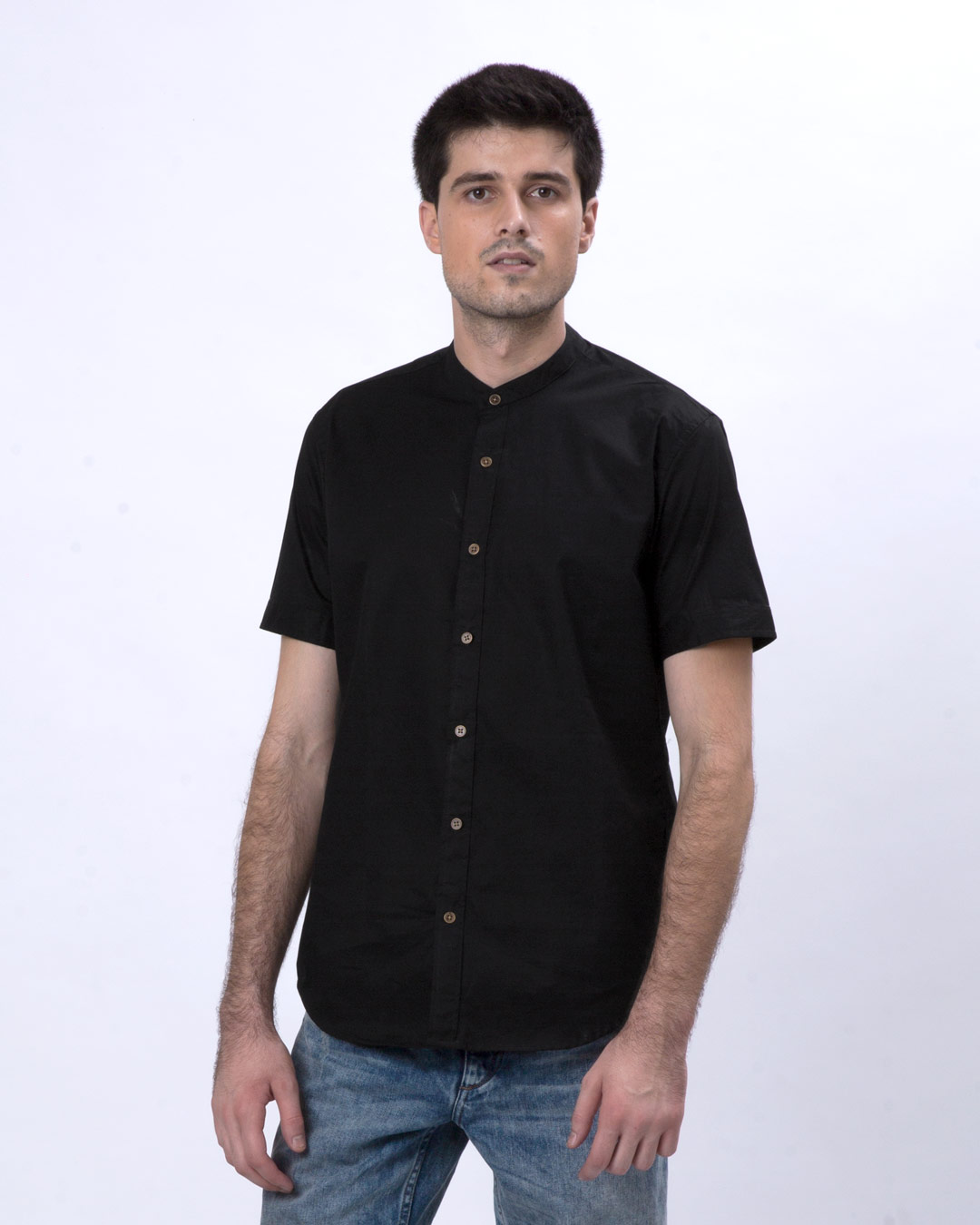 Buy Jet Black Mandarin Collar Half Sleeve Shirt Online at Bewakoof