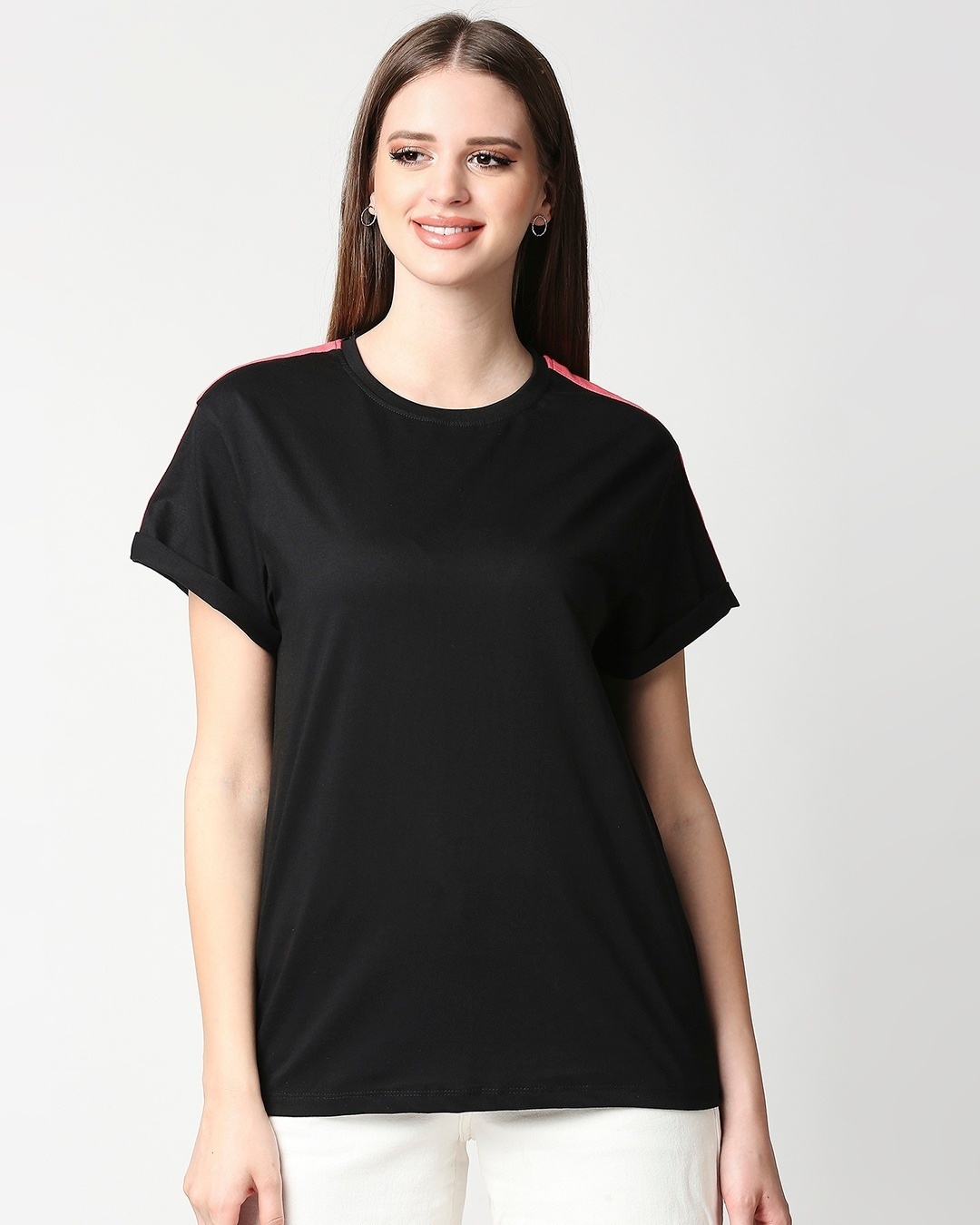 Shop Women's Black & Pink Side Panel Boyfriend T-shirt-Back