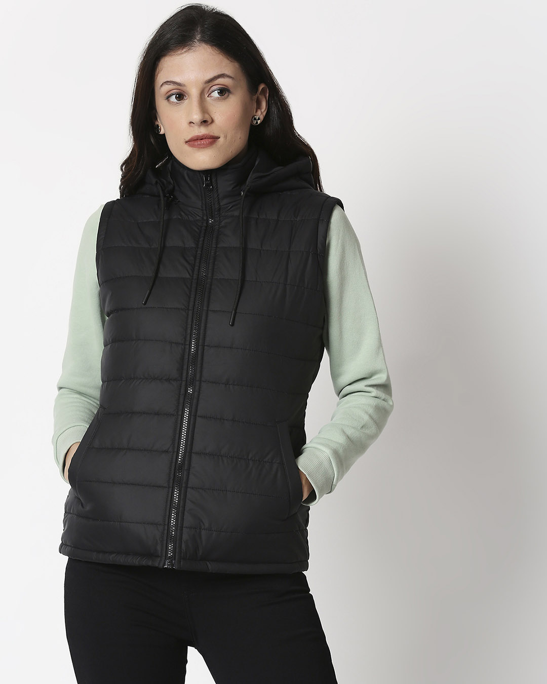 Shop Women's Black Puffer Jacket With Detachable Hood-Back