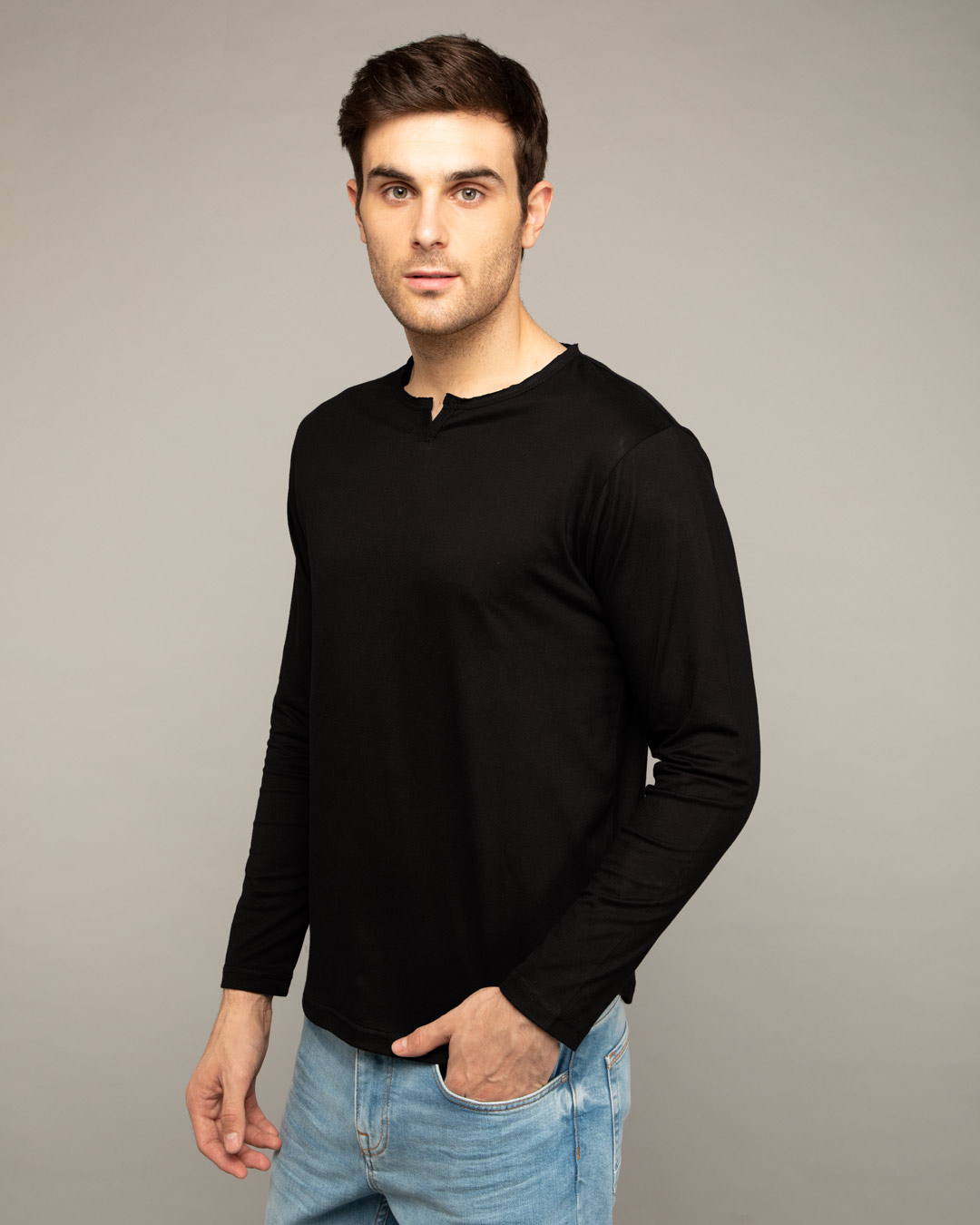 Shop Jet Black Slit Neck Full Sleeve Henley T-shirt-Back