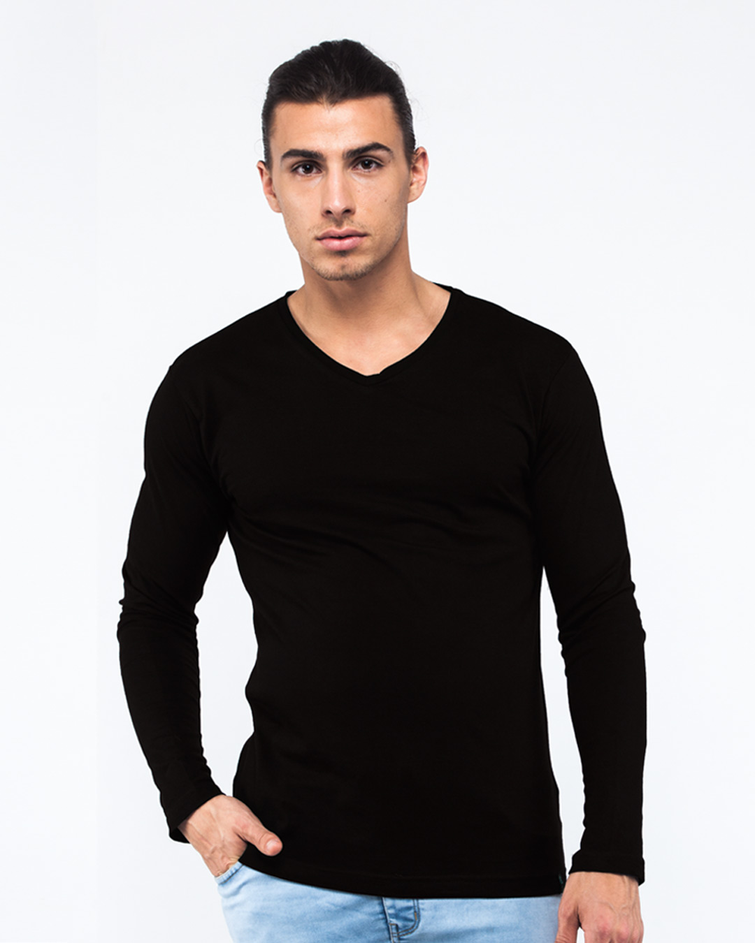 Buy Jet Black V Neck Full Sleeve T-Shirt Online at Bewakoof