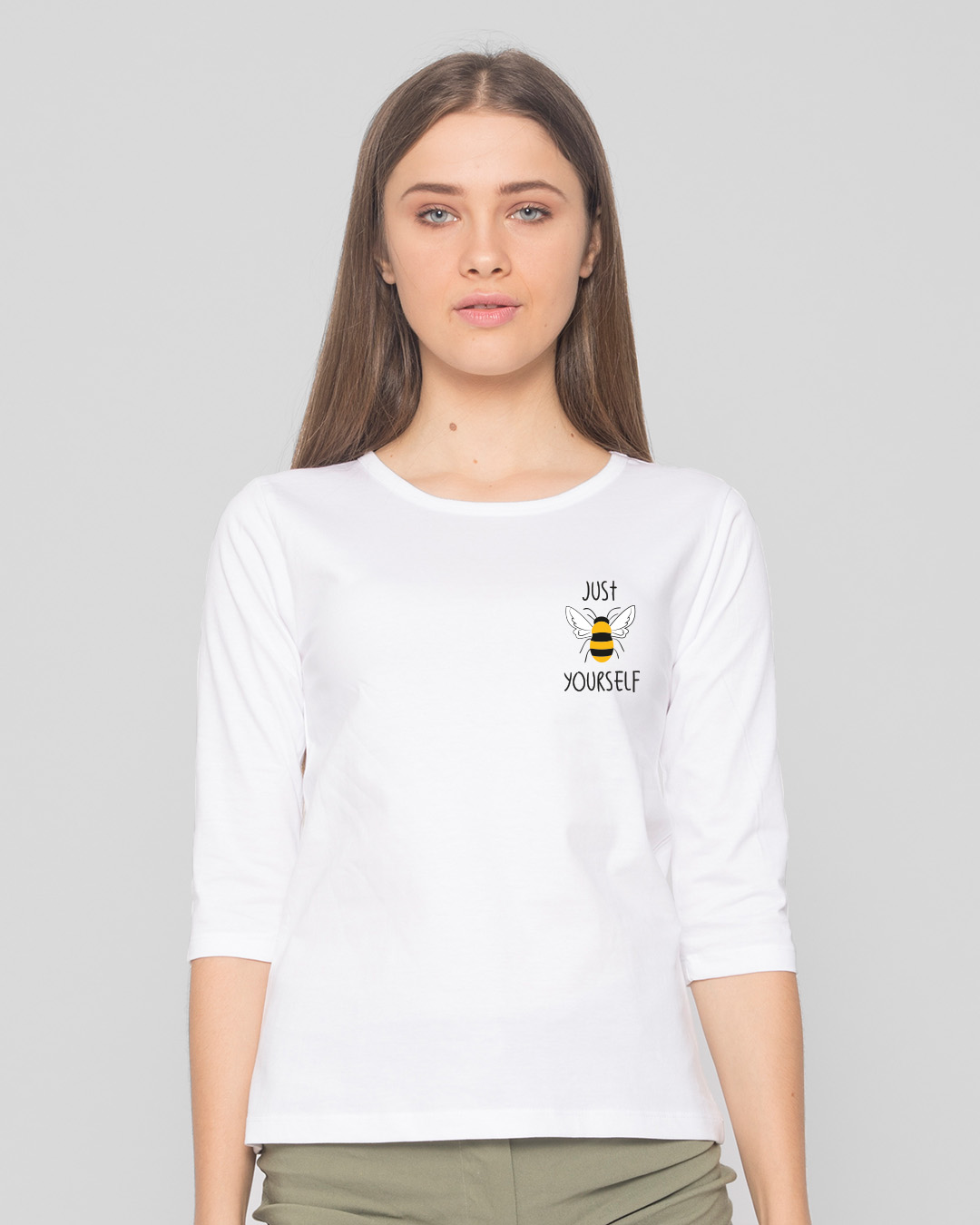 Shop Just Bee Yourself Round Neck 3/4 SleeveT-Shirt White-Back