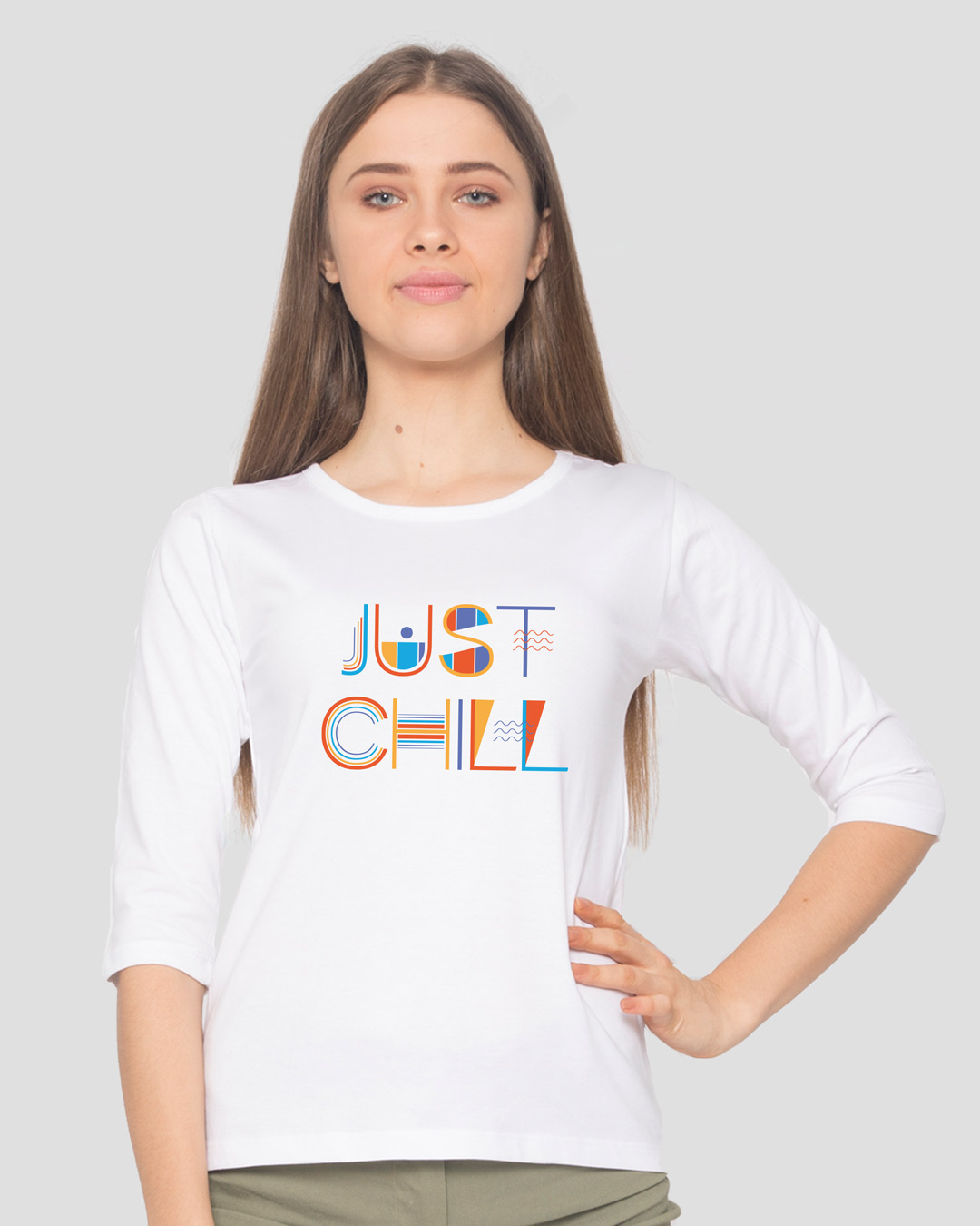 Shop Just Chill Geometric Round Neck 3/4 Sleeve T-Shirt White-Back