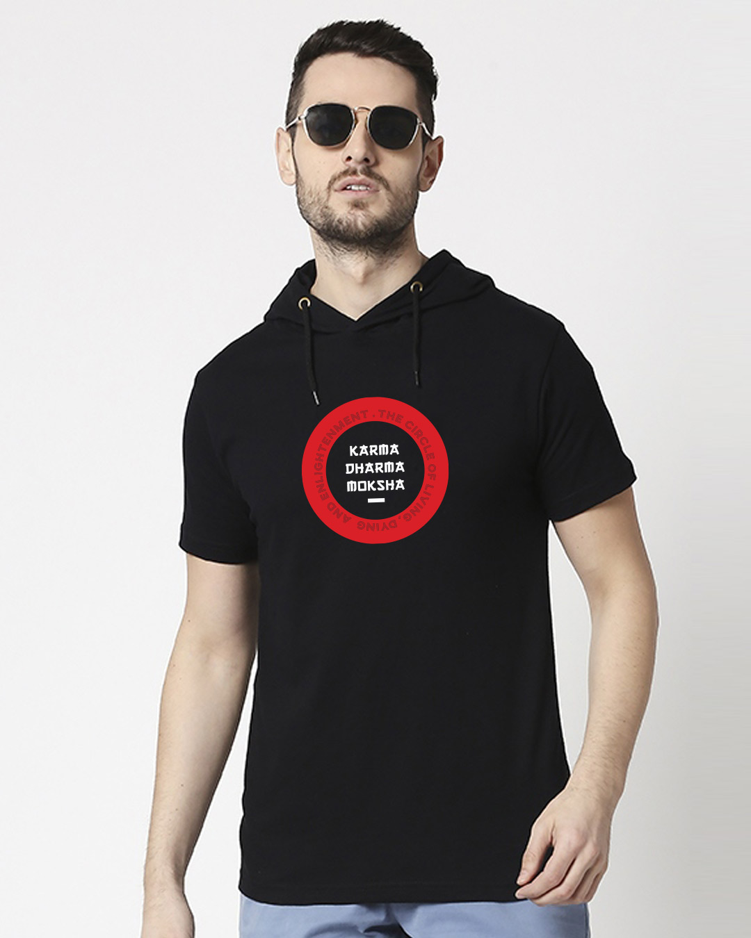 

Karma Dharma Moksha Half Sleeve Hoodie T-shirt Black Men' Printed Half Sleeve Hoodie T-shirt Bewakoof.com