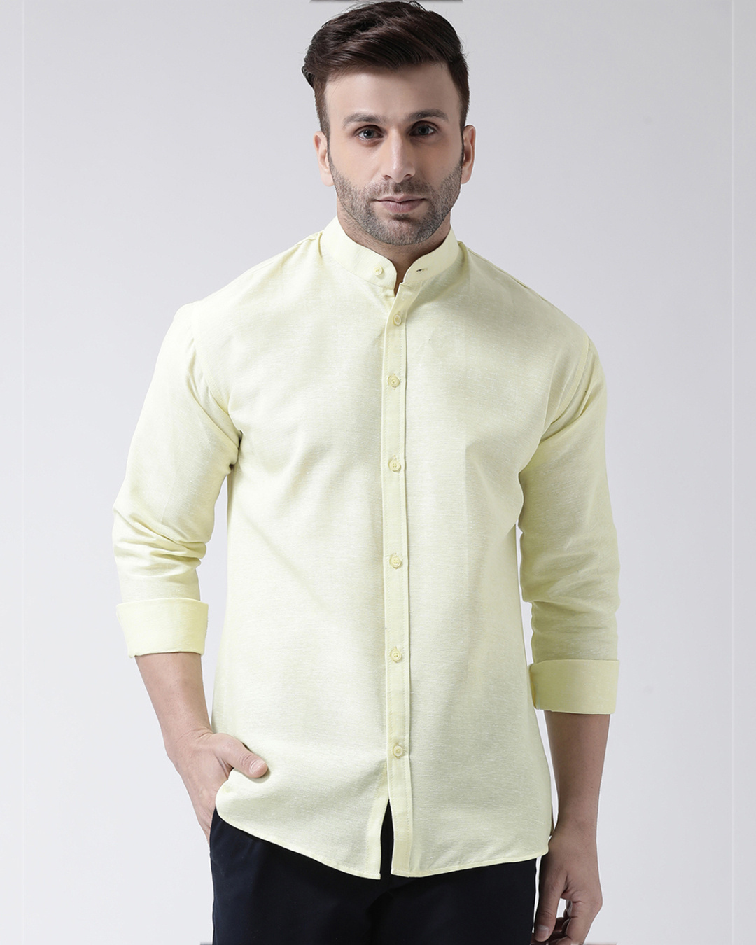 Buy Riag Full Sleeves Cotton Casual Chinese Neck Shirt for Men Yellow ...