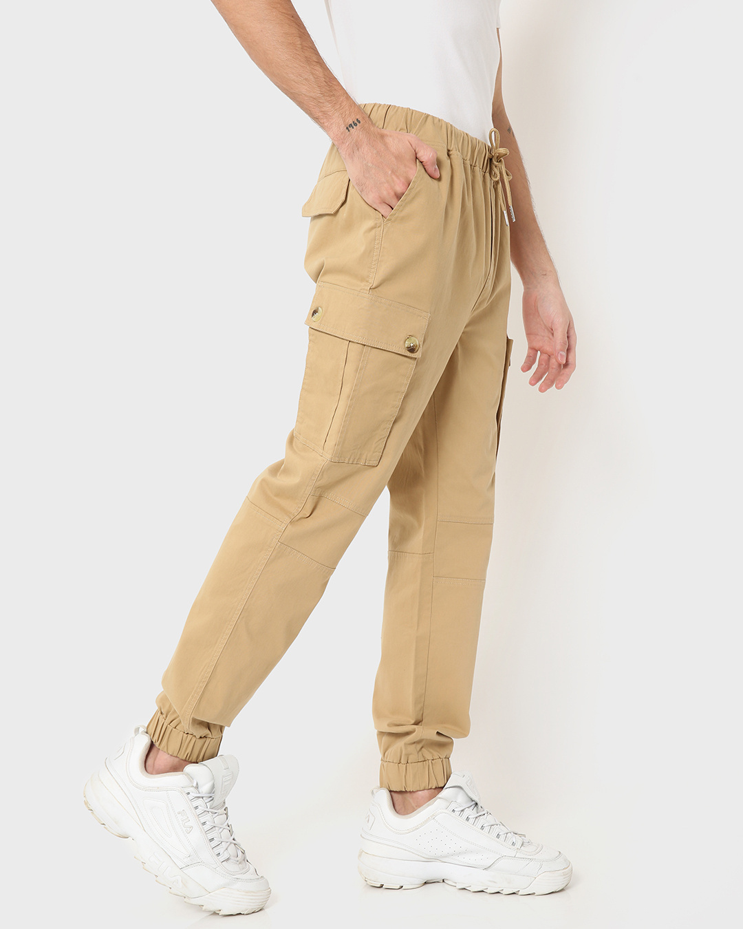 Shop Khaki Elastic Waistband Cargo Pants-Back