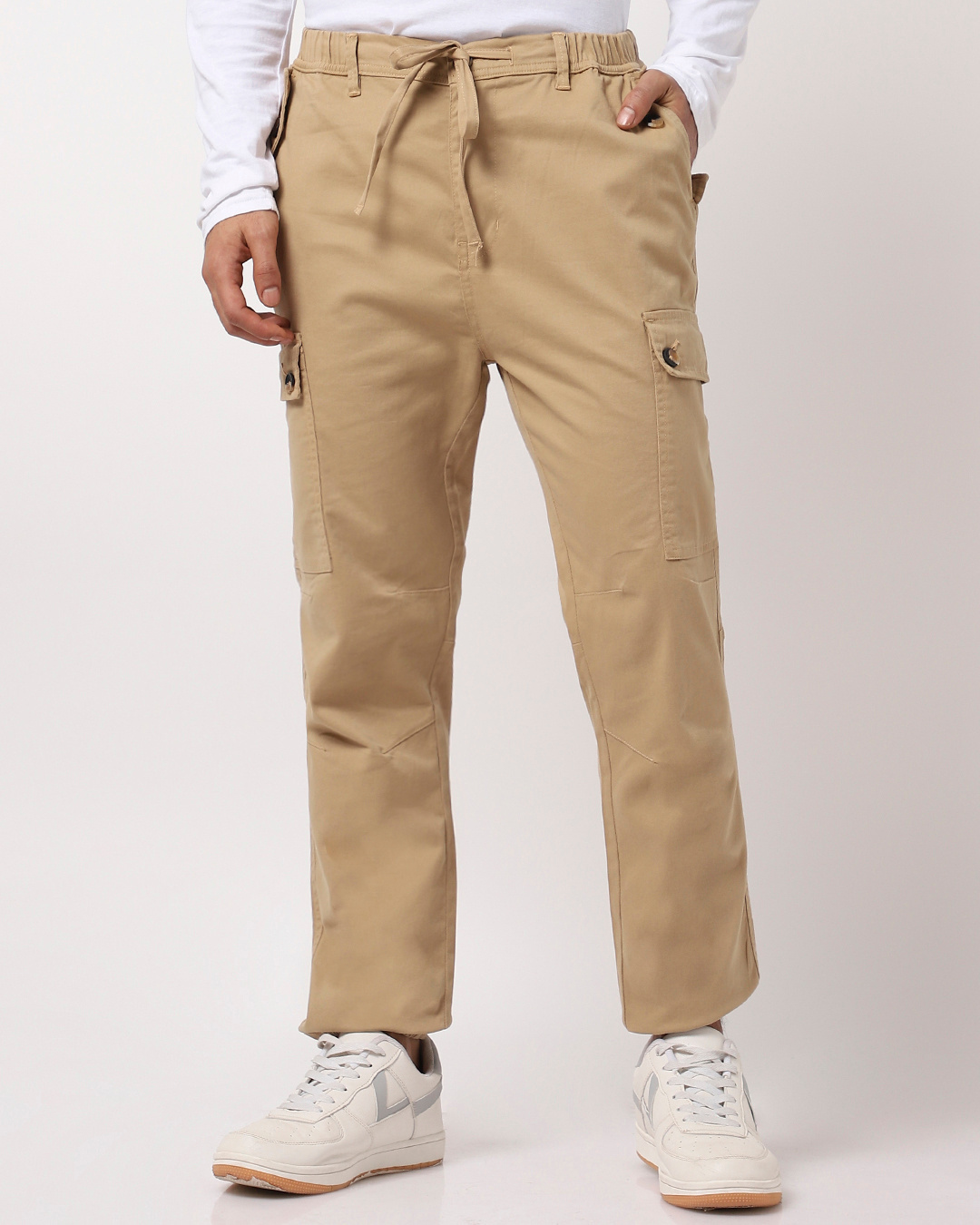 Shop Men's Khaki Snap Pocket Cargo Jogger Pants-Back