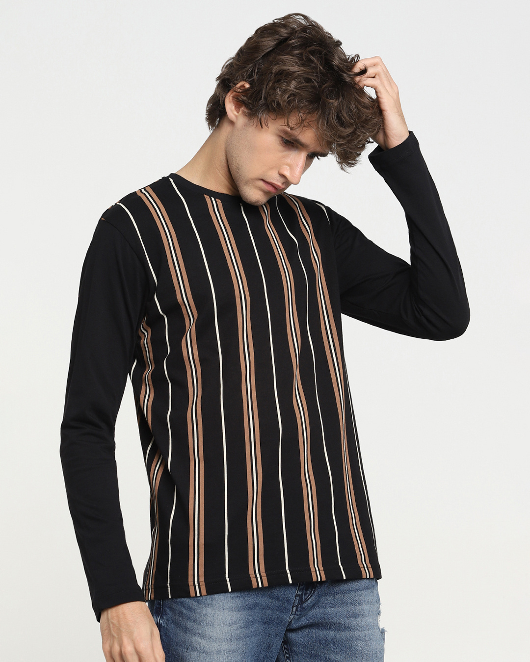 Shop Killer Brown Contrast Sleeve Stripe T-shirt-Back