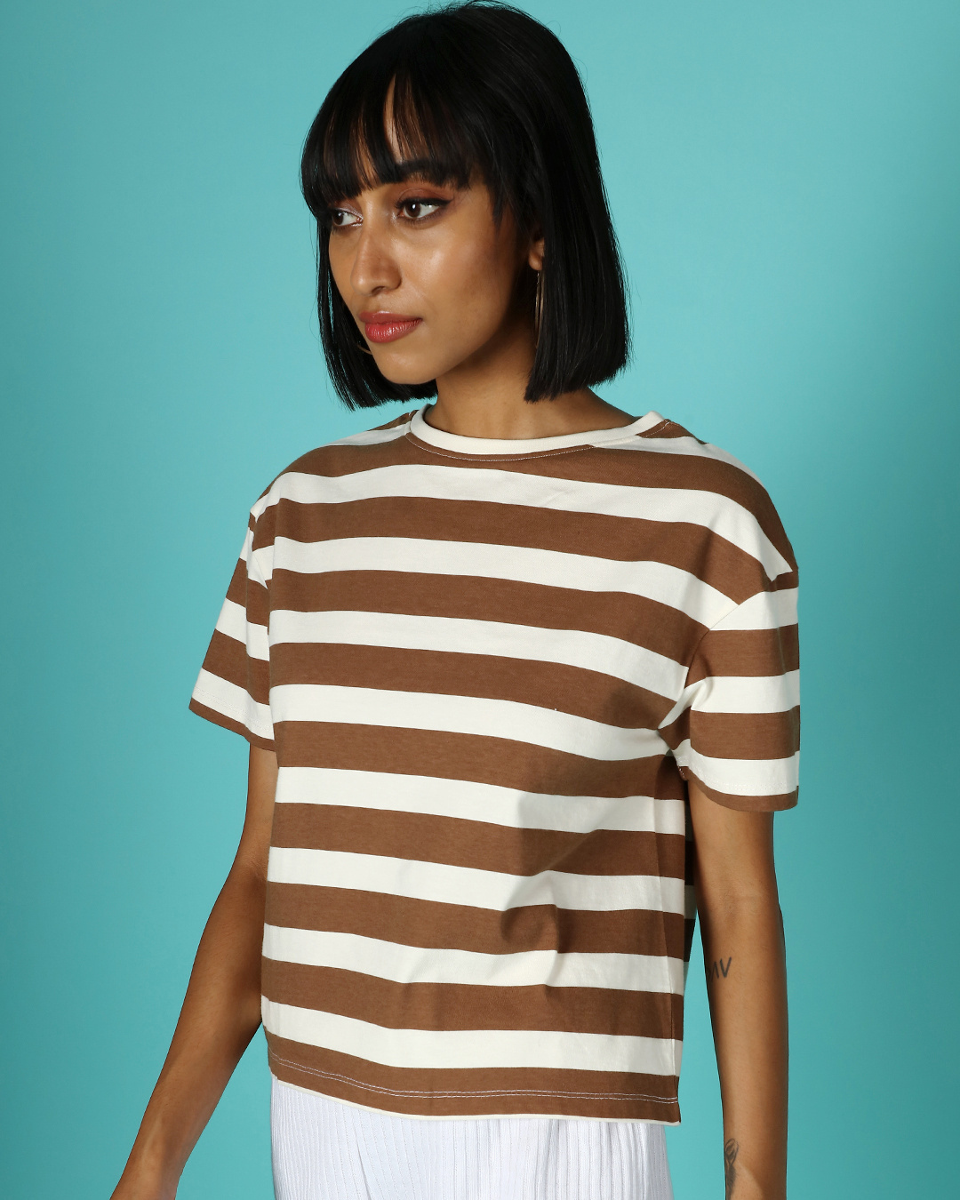 Shop Women's Brown & White Stripe Relaxed Fit Short Top-Back