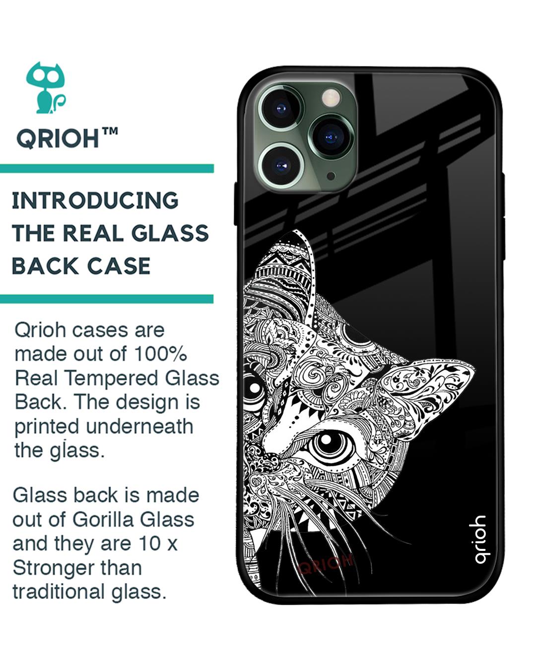 Shop Kitten Mandala Printed Premium Glass Cover For iPhone 11 Pro (Impact Resistant, Matte Finish)-Back