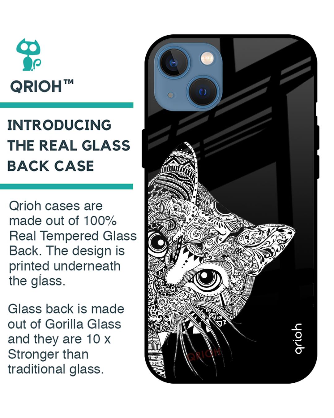 Shop Kitten Mandala Printed Premium Glass Cover For iPhone 13 mini (Impact Resistant, Matte Finish)-Back