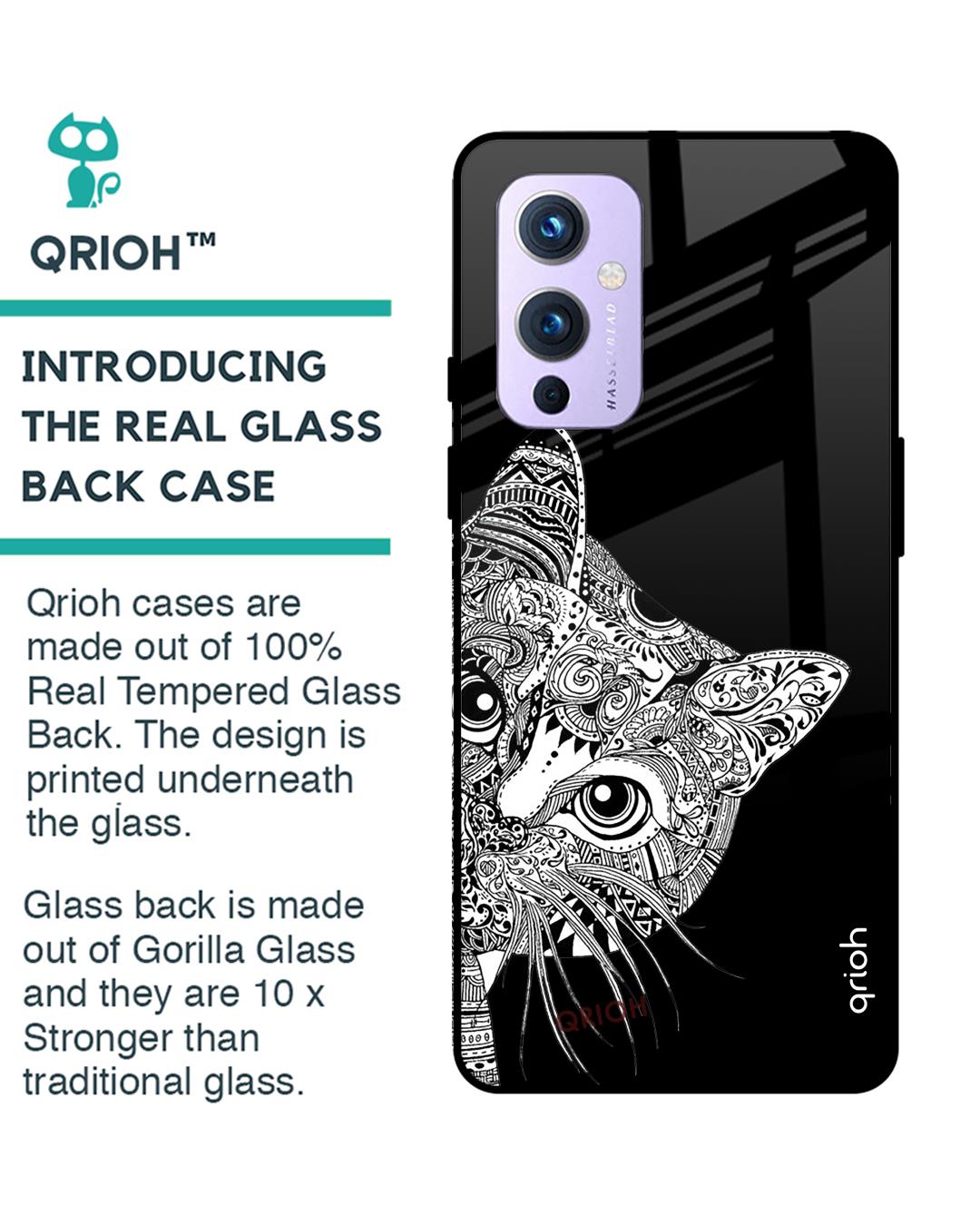 Shop Kitten Mandala Printed Premium Glass Cover For OnePlus 9 (Impact Resistant, Matte Finish)-Back