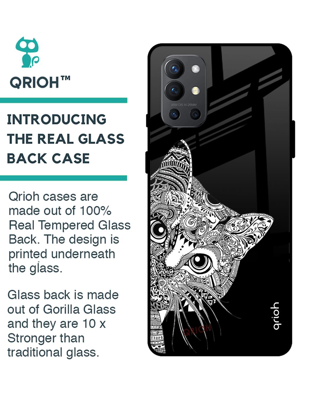Shop Kitten Mandala Printed Premium Glass Cover For OnePlus 9R (Impact Resistant, Matte Finish)-Back