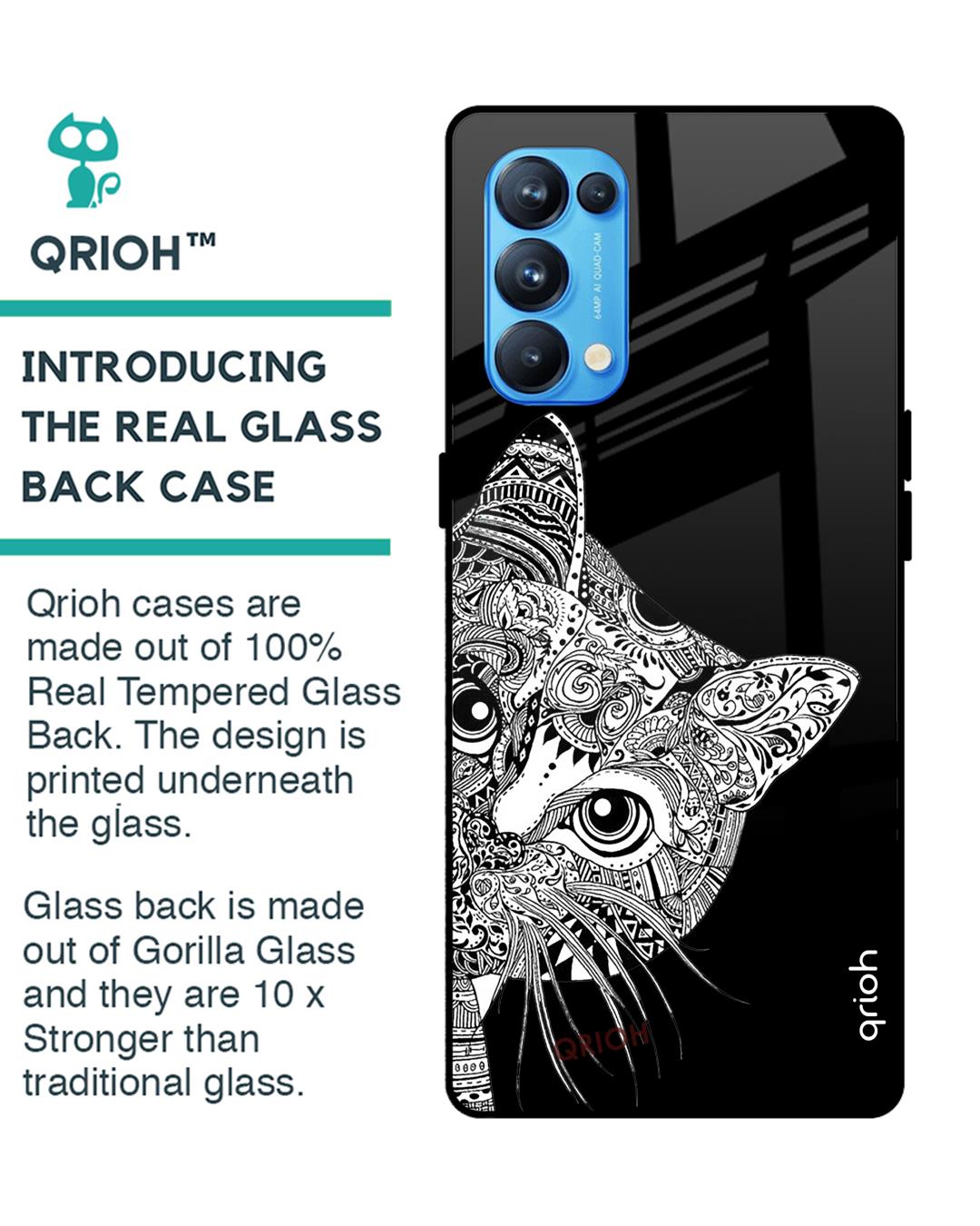 Shop Kitten Mandala Printed Premium Glass Cover For Oppo Reno 5 Pro (Impact Resistant, Matte Finish)-Back
