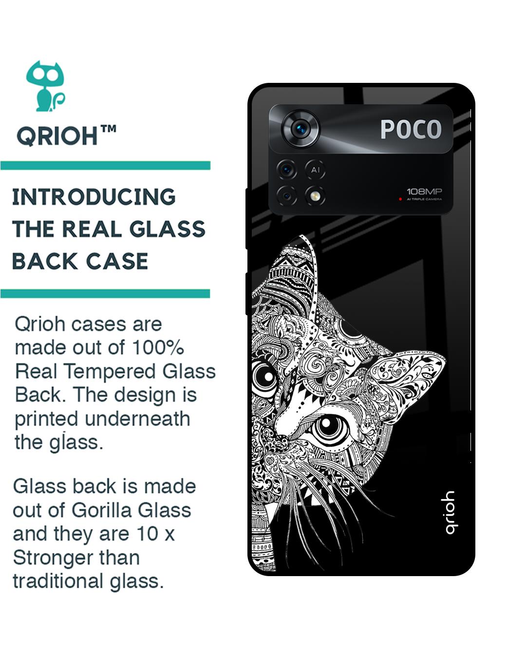 Shop Kitten Mandala Printed Premium Glass Cover for Poco X4 Pro 5G (Shock Proof, Scratch Resistant)-Back
