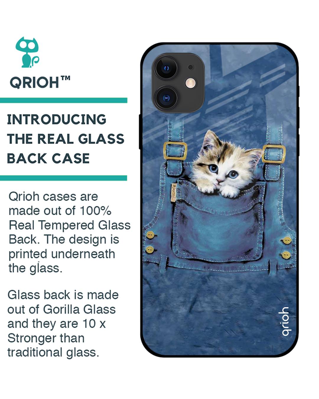 Shop Kitty In Pocket Printed Premium Glass Cover For iPhone 12 (Impact Resistant, Matte Finish)-Back