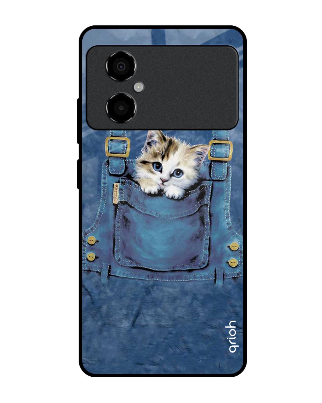 Shop Kitty In Pocket PrintedPremium Glass Case for Poco M4 5G (Shock Proof,Scratch Resistant)-Front