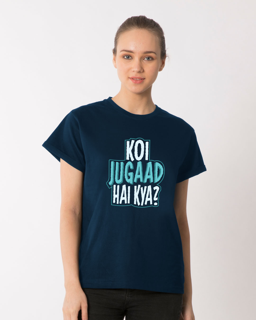 Buy Koi Jugaad Hai Kya Navy Blue Printed Half Sleeve Boyfriend TShirt