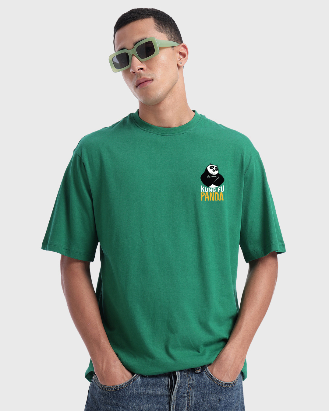 Shop Men's Green Kung Fu Panda Graphic Printed Oversized T-shirt-Back