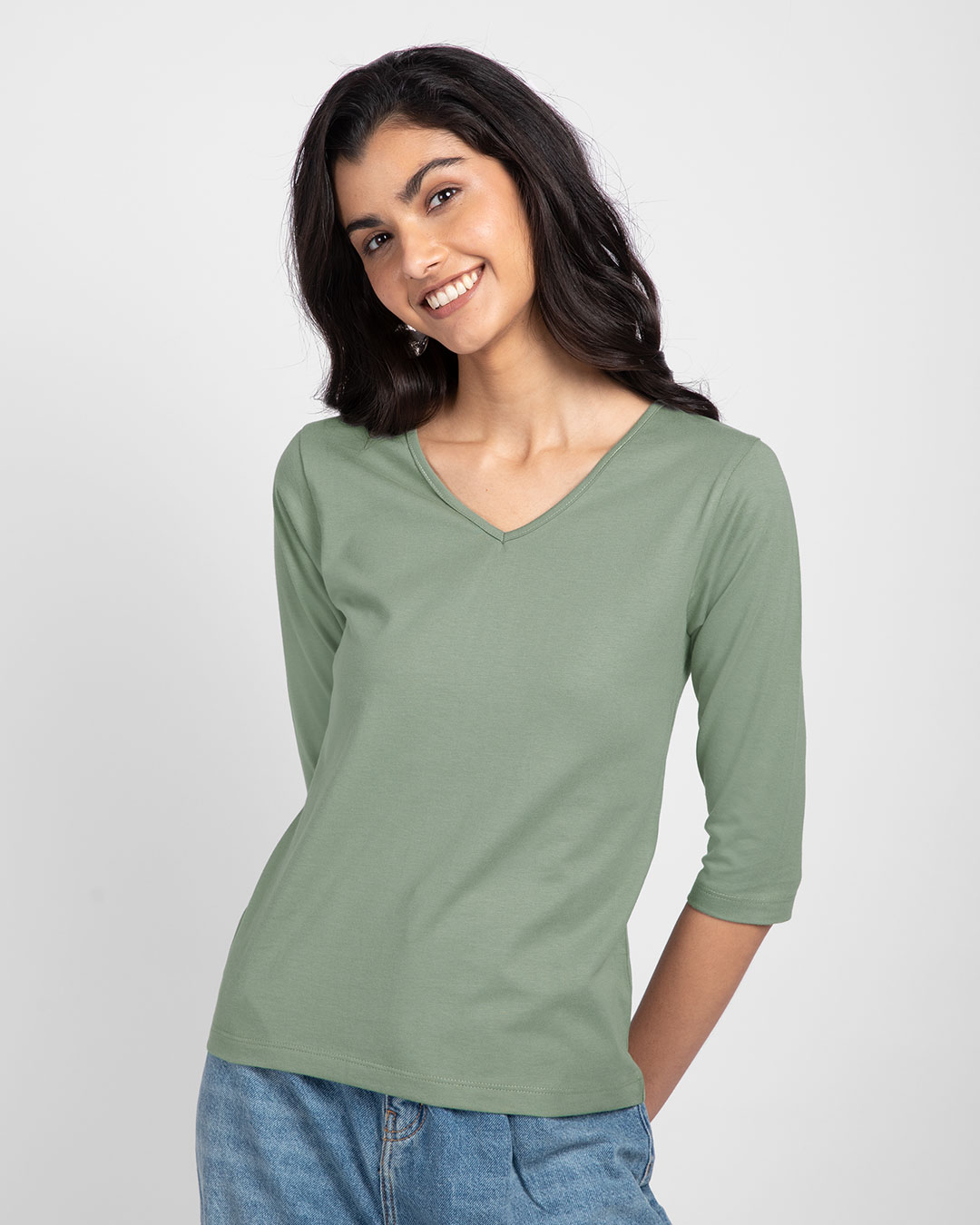 Buy Laurel Green 3/4 V Neck T-Shirt for Women green Online at Bewakoof
