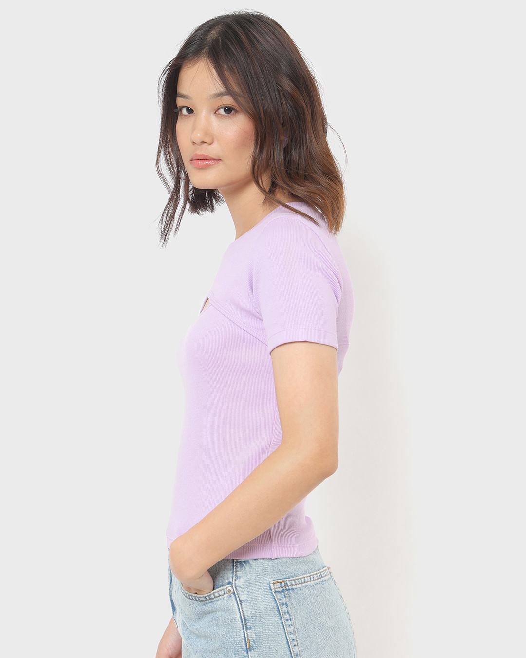 Shop Women's Lavender Keyhole Neck Slim Fit Short Top-Back