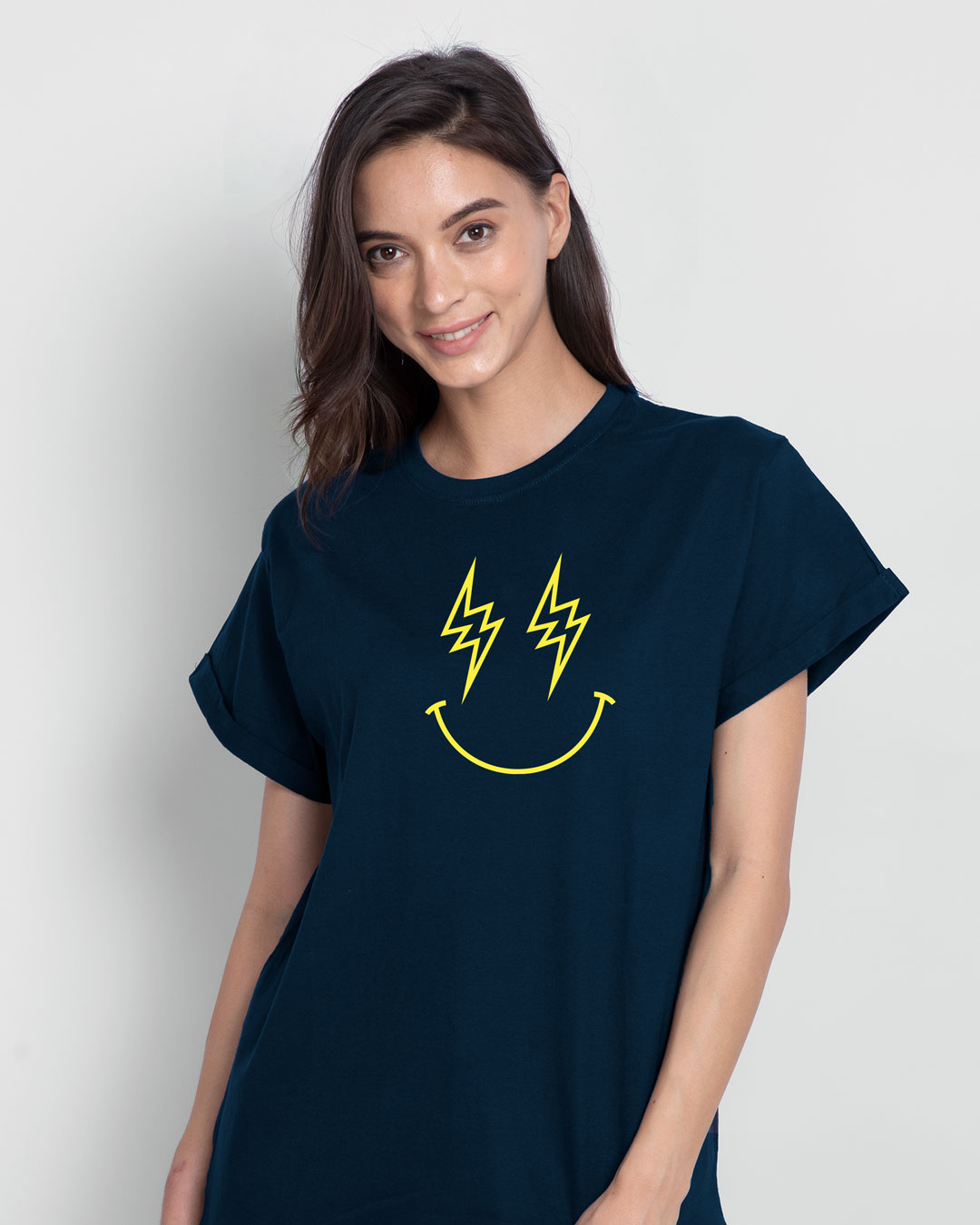 Shop Let's Rock Smiley Boyfriend T-Shirt Navy Blue-Back