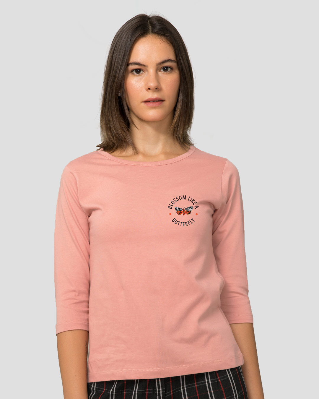 Shop Like A Butterfly Round Neck 3/4 Sleeve T-Shirt Misty Pink-Back