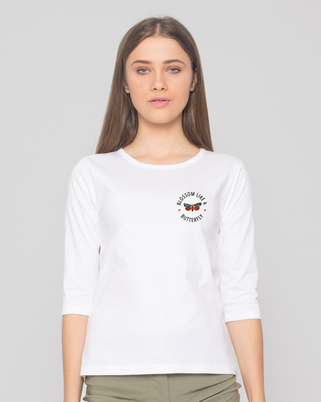 Shop Like A Butterfly Round Neck 3/4 Sleeve T-Shirt White-Back