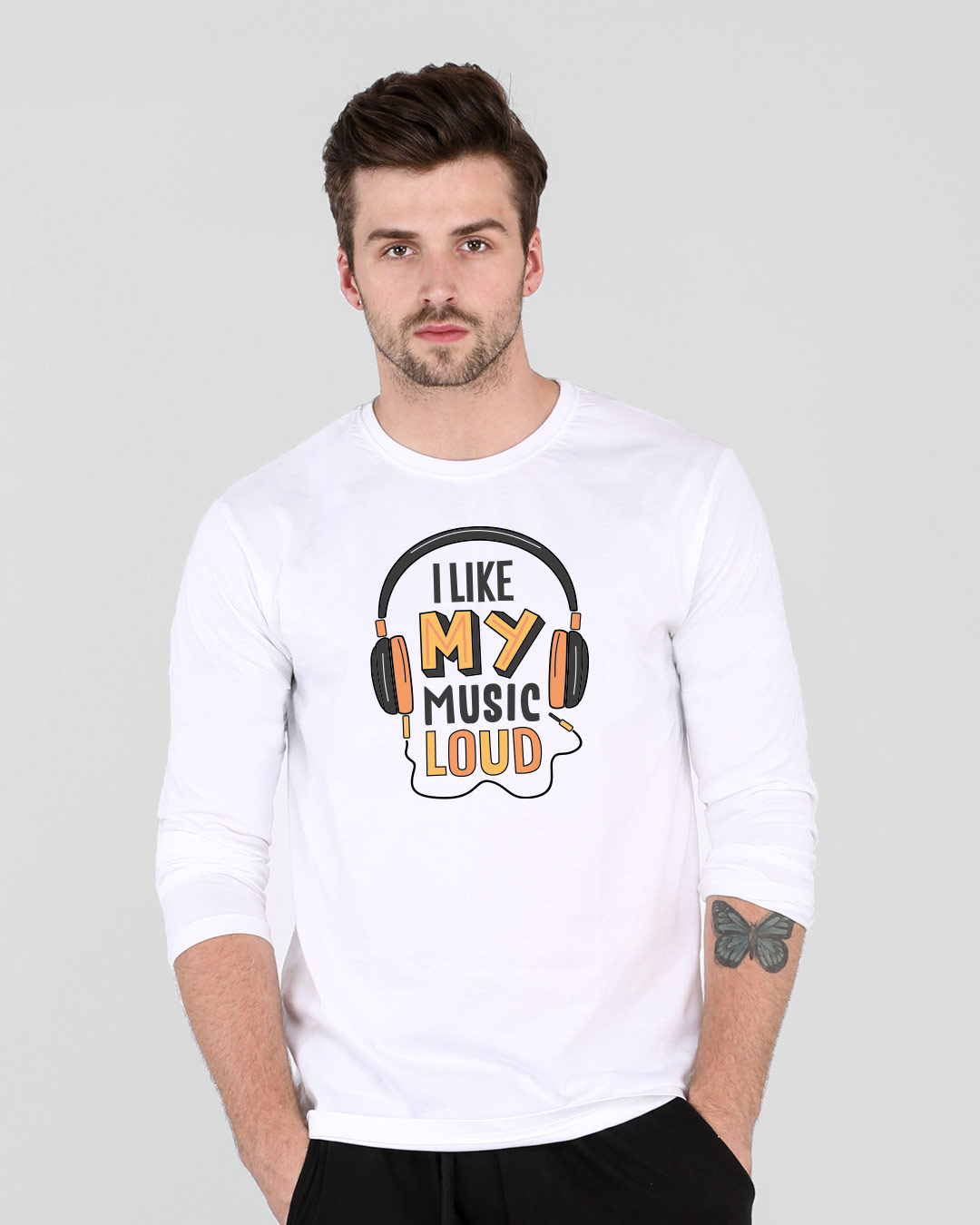 Shop Like My Music Loud Full Sleeve T-Shirt White-Back