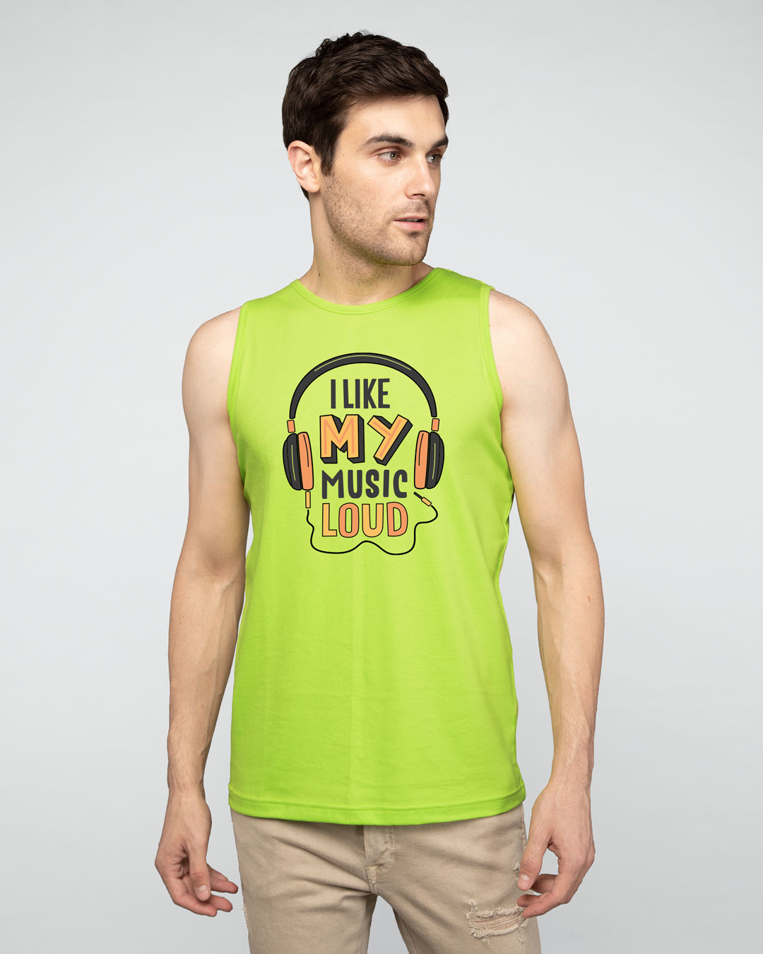 Shop Like My Music Loud Round Neck Vest Neon Green -Back
